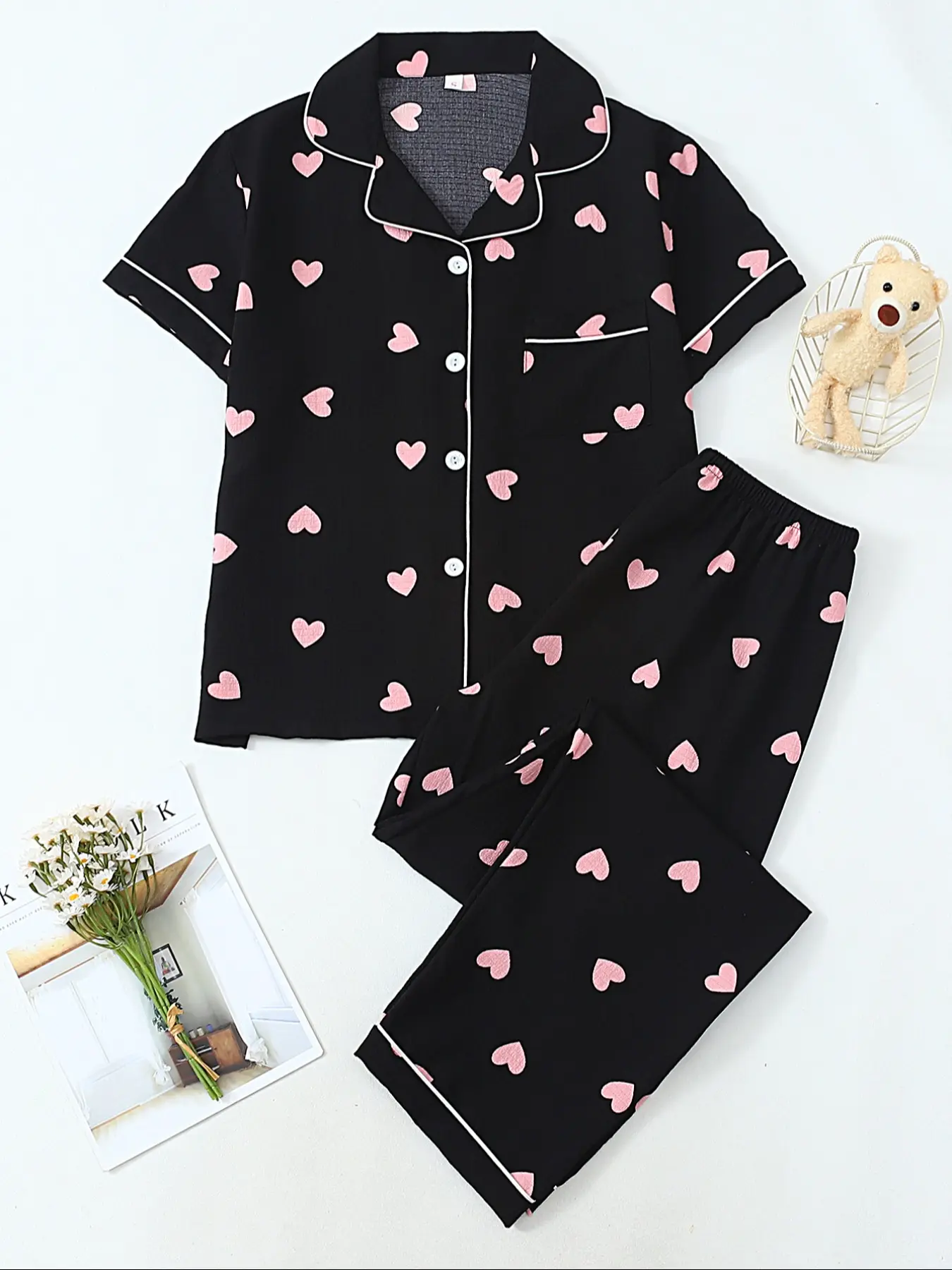 Summer Women's 2-Piece Pajama Set, Printed Short Sleeve Lapel Top and Long Pants, Casual Cute Home Wear