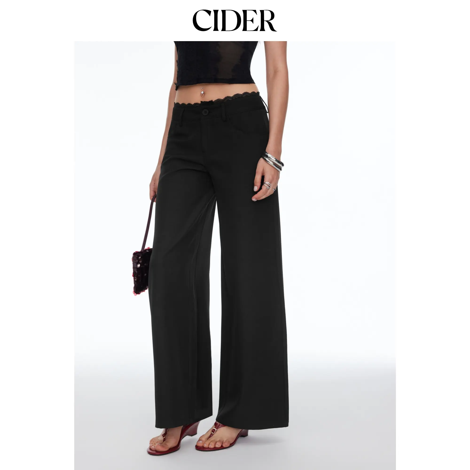 Cider  Lace Trimmed Low Rise Wide Leg Trousers