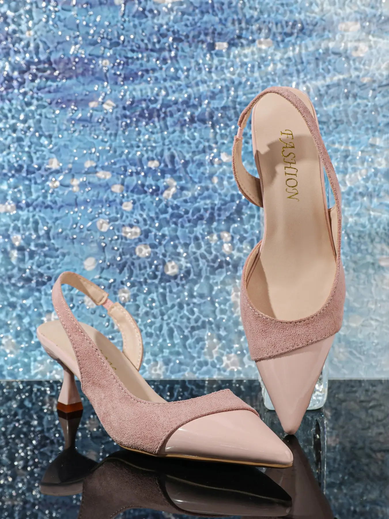 Two-Tone Pointed Toe Slingback Kitten Heels for Women - Patent & Suede Strap Backless Heels in Black, White, Pink & Lime Green Kitten Heel Sandals