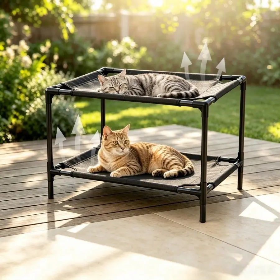 2-Tier Elevated Cat Bed, Breathable Double Deck Raised Pet Cot with Durable Frame, Elevated Pet Sleeping Bed for Cats, Kittens, Small Dogs, Indoor Sunbath, Outdoor Camping & All Season Use
