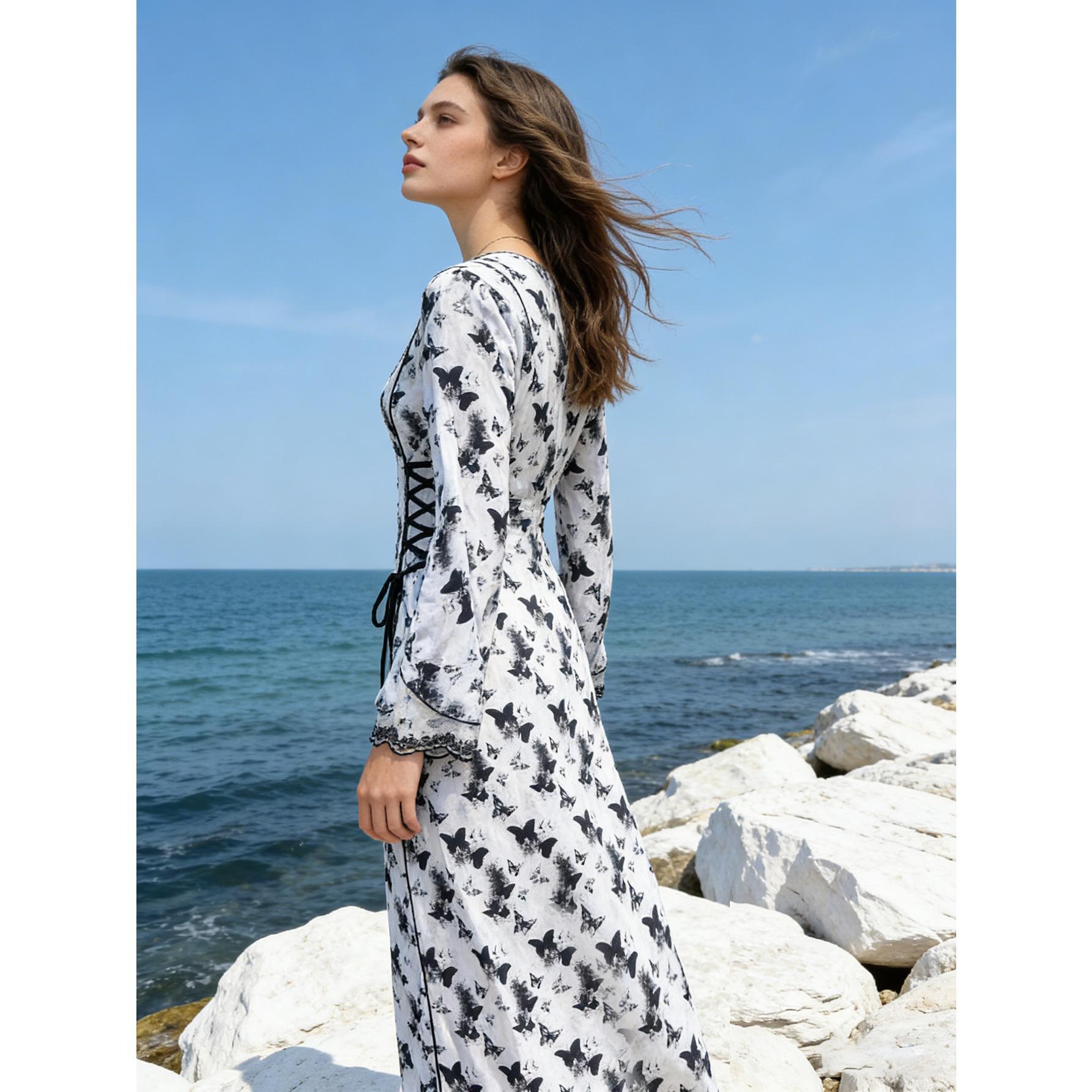 Ethereal Butterfly Print Maxi Dress Elegant V-Neck Long Sleeve Gown | Lace Trim Cuffs | S-XL | Perfect for Garden Parties, Fairy-core Photo Shoots & Romantic Dates Ethereal Butterfly Print Maxi Dress Elegant V-Neck Long Sleeve Gown | Lace Trim Cuffs | S-XL | Perfect for Garden Parties, Fairy-core Photo Shoots & Romantic Dates