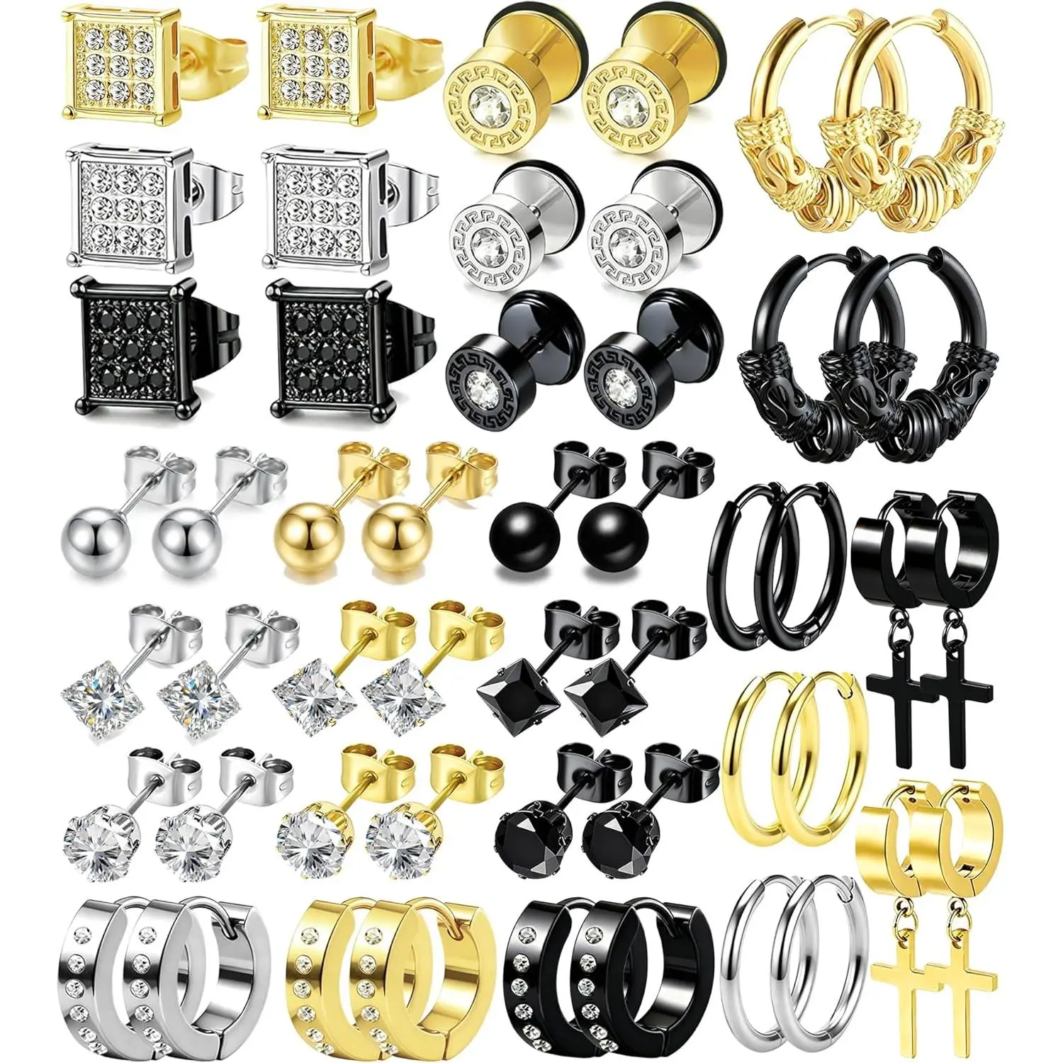25 Pairs Earrings Set for Men and Women, Black Silver 14K Gold-Plated Mixed Earring Studs Kit Fashion Ear Piercing Jewelry Cross Dangle Hoop