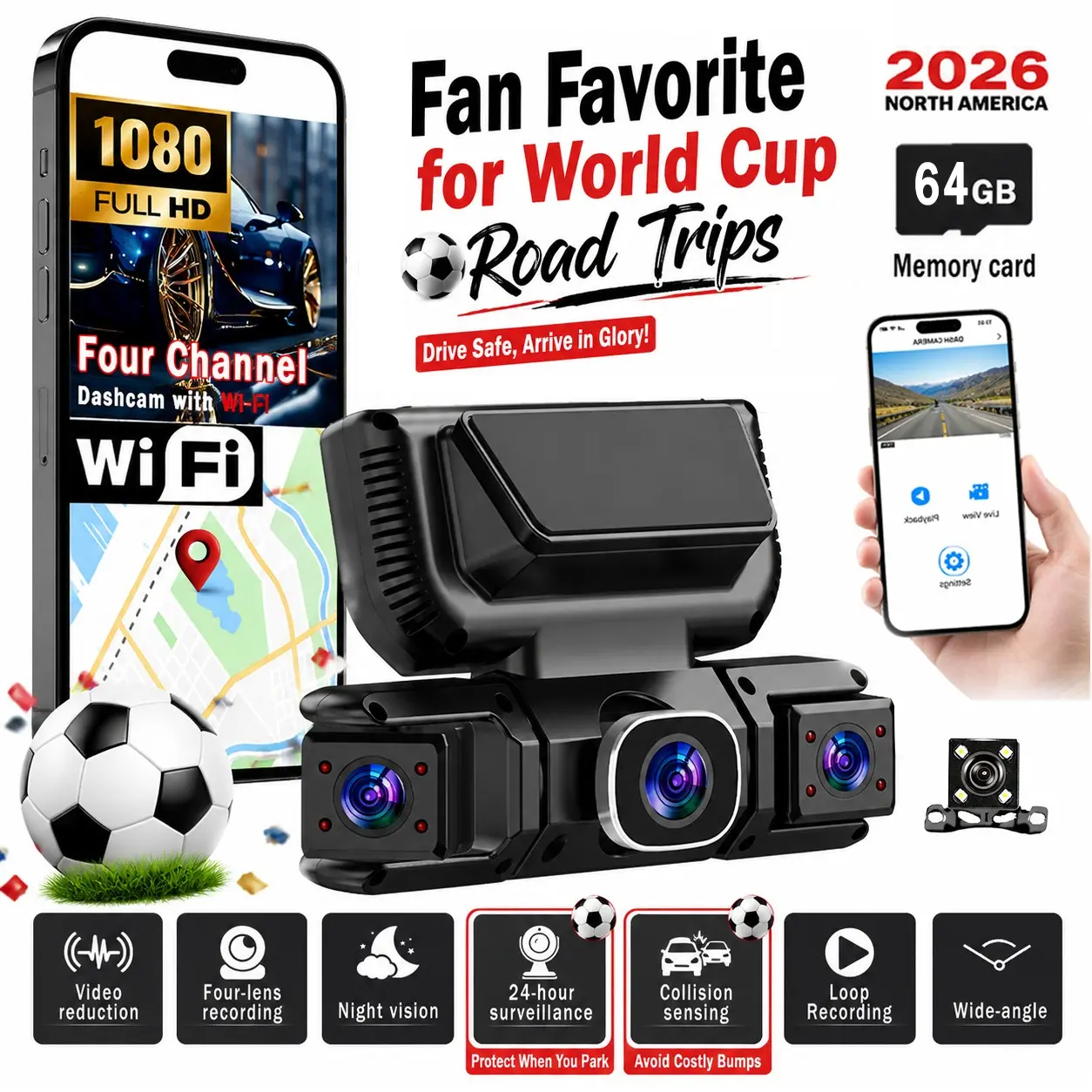 1080P HD Four-Channel Car Dvr with WiFi, HD Automotive Dashcam, Dash Cam for Car, Automotive Dvr Camera, Night Vision, Emergency Lock, Free Memory Card Included, Multi-Functional Driving Recorder