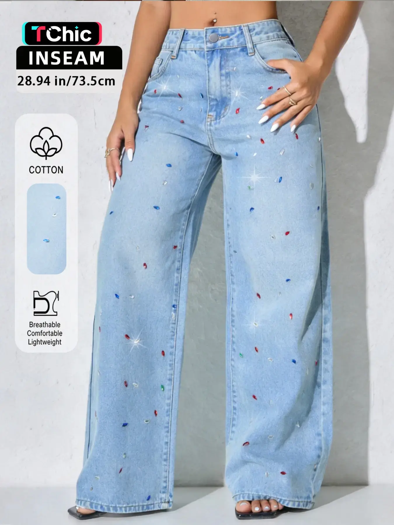 Women's New Fashion Chic Elegant High Waist Wide-Leg Fit Denim Pants, Comfortable Stretchy Soft Fabric, Rhinestone Embellishment, Trendy Casual Long Jeans for All Seasons, Womenswear, Blue