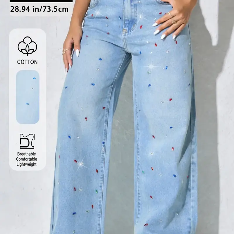Women's New Fashion Chic Elegant High Waist Wide-Leg Fit Denim Pants, Comfortable Stretchy Soft Fabric, Rhinestone Embellishment, Trendy Casual Streetwear Long Jeans for All Seasons, Womenswear, Blue