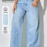 Women's New Fashion Chic Elegant High Waist Wide-Leg Fit Denim Pants, Comfortable Stretchy Soft Fabric, Rhinestone Embellishment, Trendy Casual Streetwear Long Jeans for All Seasons, Womenswear, Blue