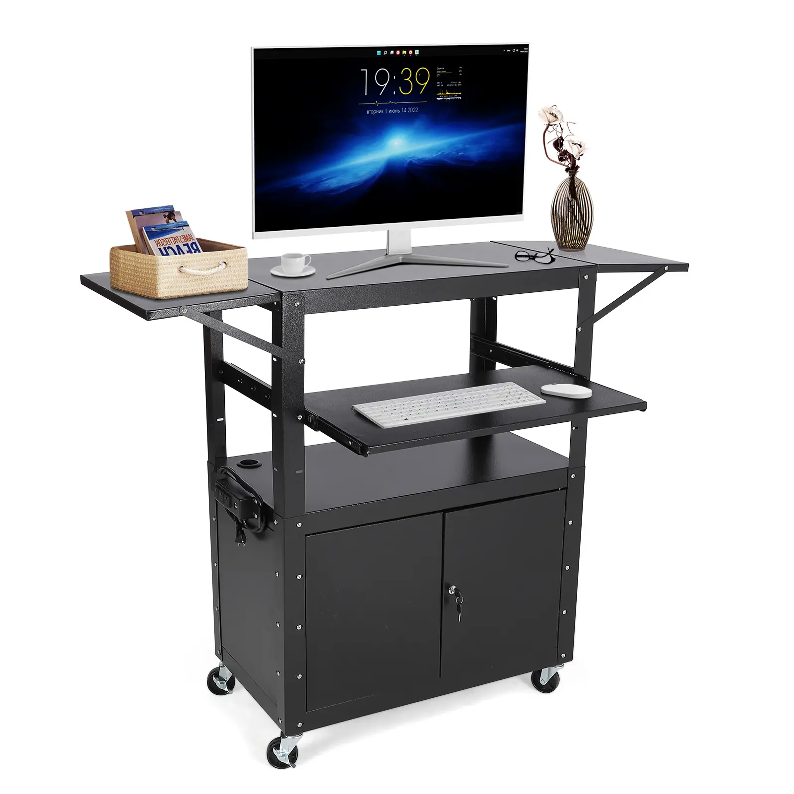 Garvee Heavy-Duty Rolling AV Organiser Cart - Adjustable Height, Pullout Keyboard Tray, Locking Cabinet, Power Strip, Storage Organization Racks, Mobile Steel Office Utility Cart on Wheels, Heavy Duty Rolling Utility Carts