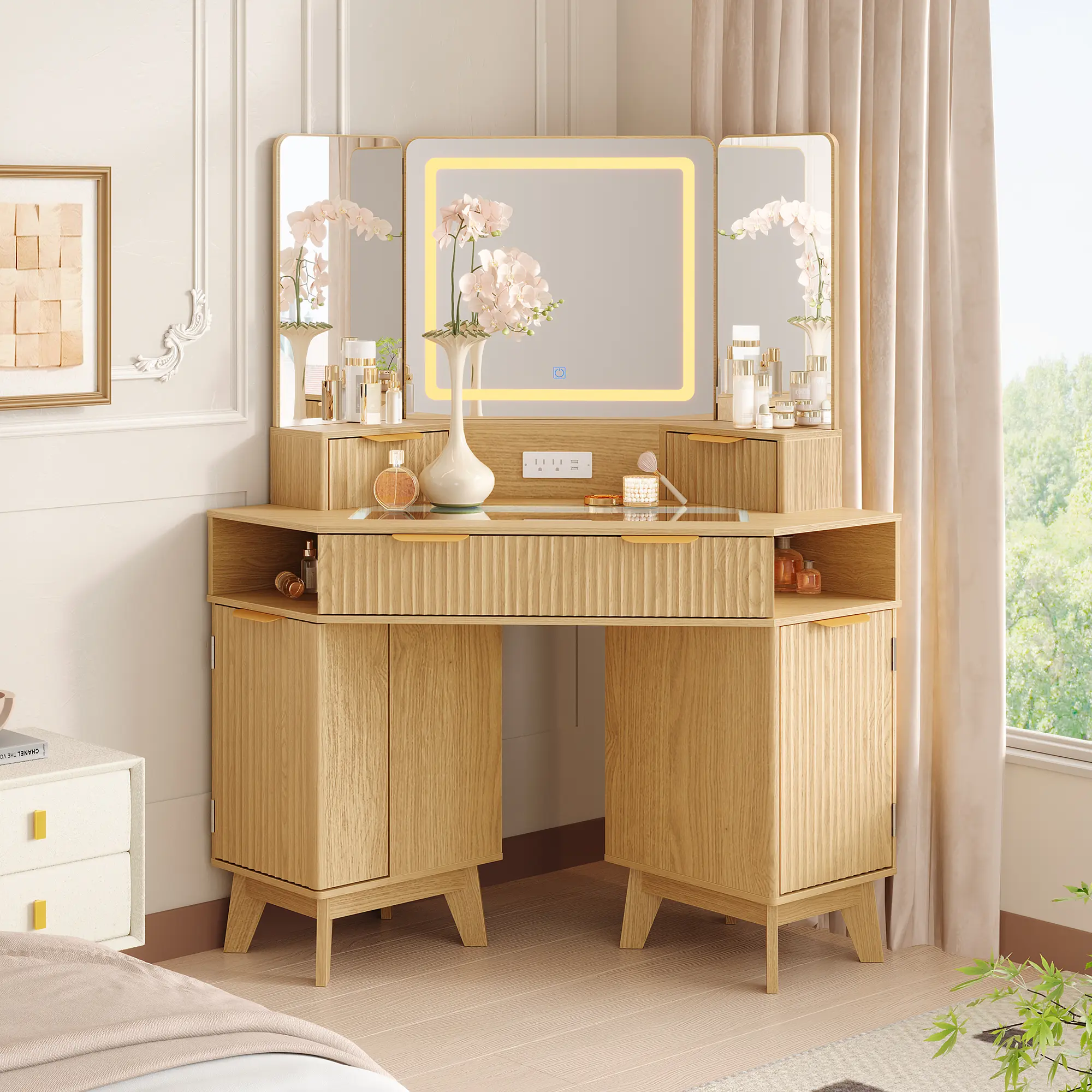 48'' Fluted Makeup Vanity Desk - Large Lighted Corner Dressing Table with HD Triple Lighted Mirror, Glass Top, Charging Station for Bedroom