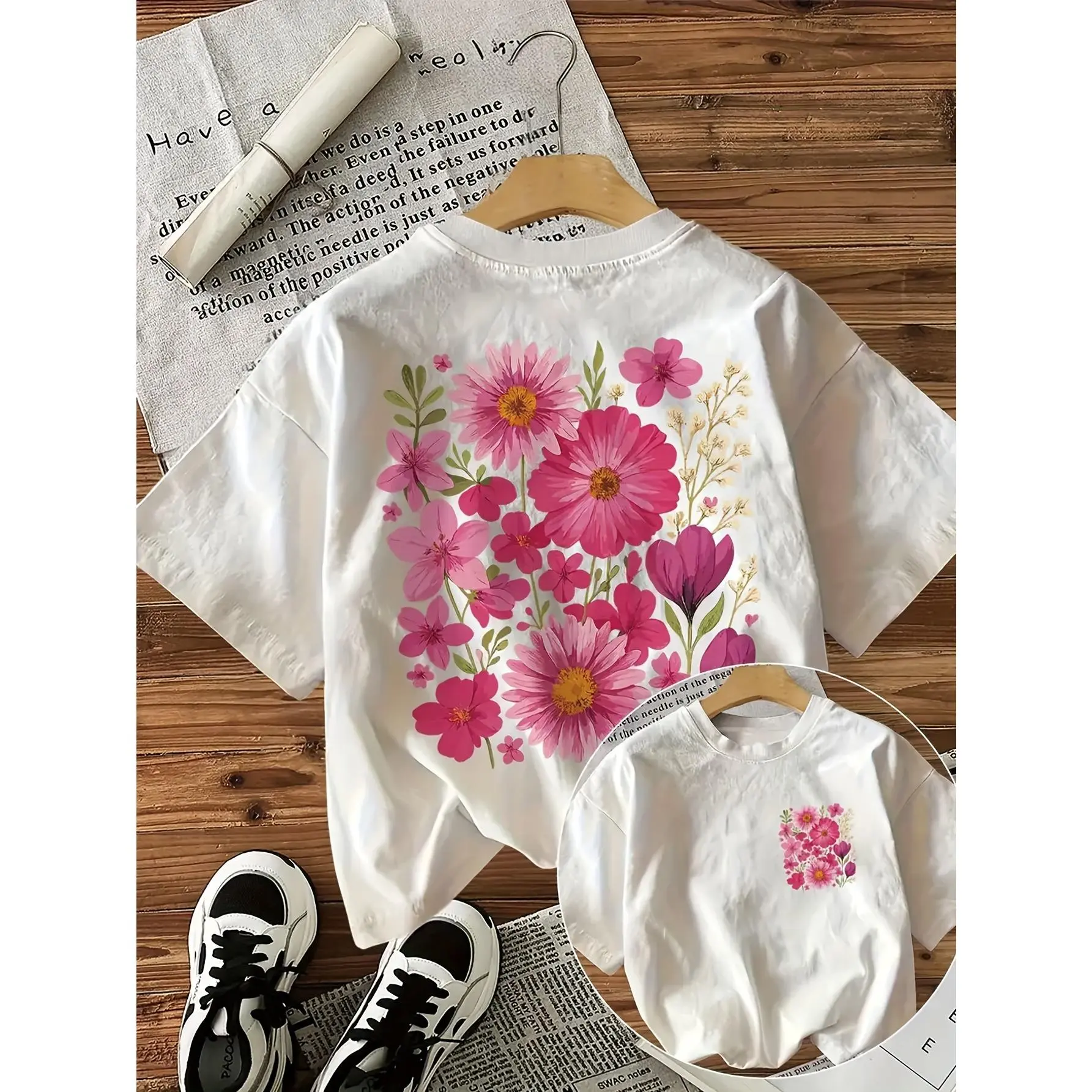 Pink Wildflower Double Sided Print T-Shirt, Vintage Watercolor Daisy Floral Graphic Tee, Aesthetic Botanical Back Print Casual Top For Women, Cute Small Chest Flower Short Sleeve Shirt, Boho Nature Lover Everyday Outfit Gift