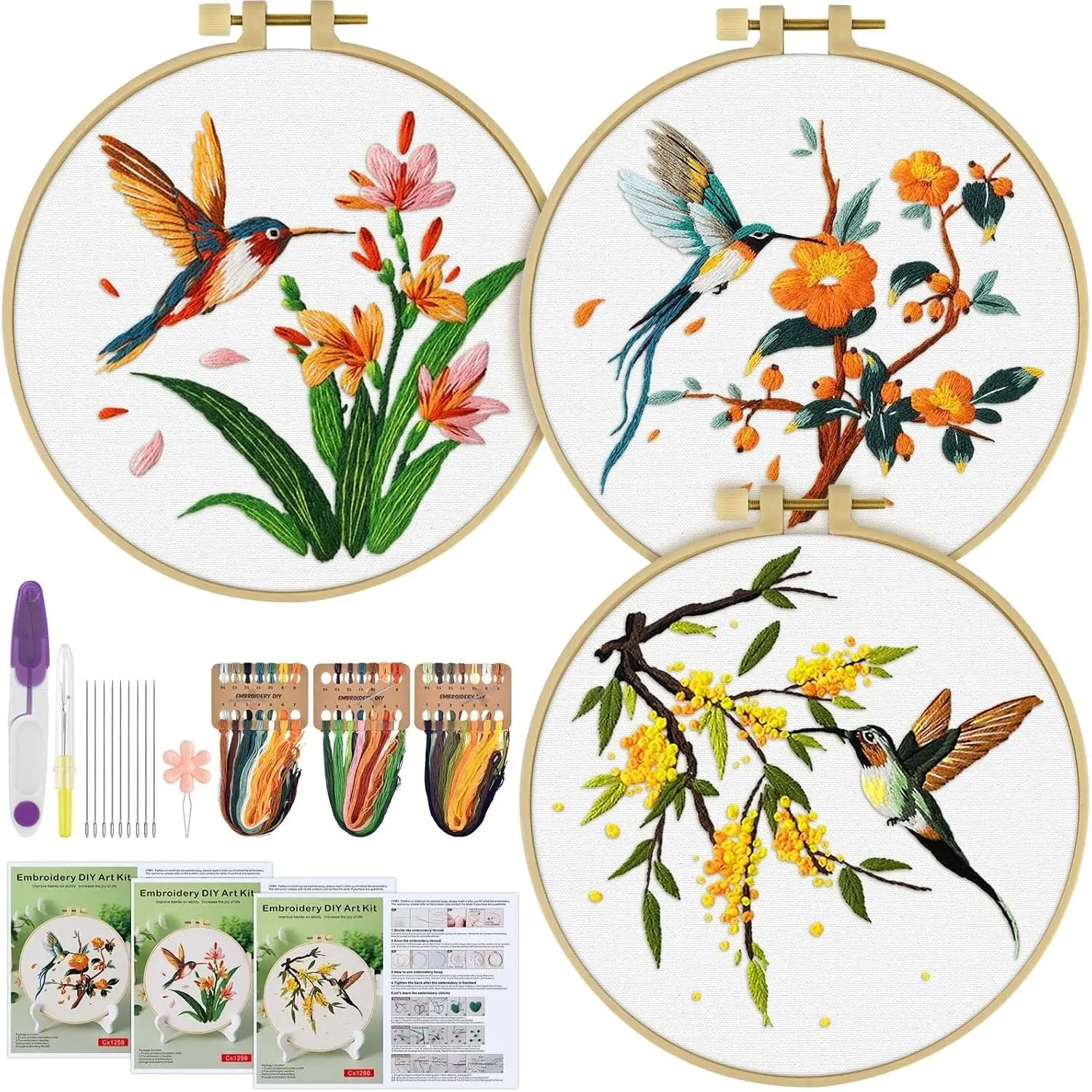 3 Sets Hummingbird Cross Stitch Embroidery Kit with Embroidery Cloth, Hoops and Threads for Craft Lovers Hand StitchGift