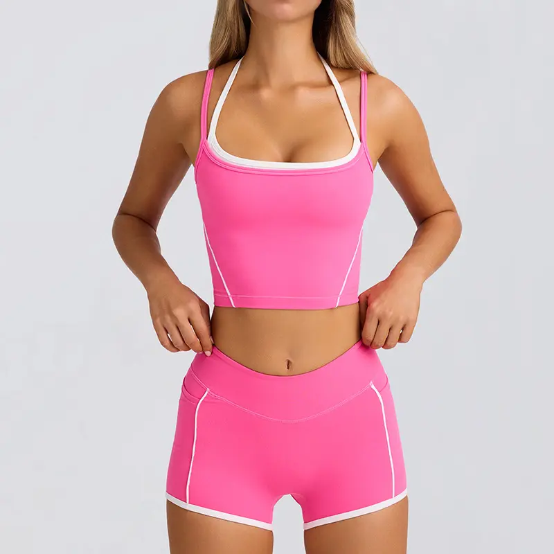 Women 2Pcs Yoga Outfit High Stretch Tight Fitness Set Sexy Open Back Cami Sports Bra Tank Top Fake Two Piece Running Shorts Shockproof Medium Support Squat Proof Quick Dry Activewear For Pilates Gym Jogging Training Daily Athleisure S-XXL