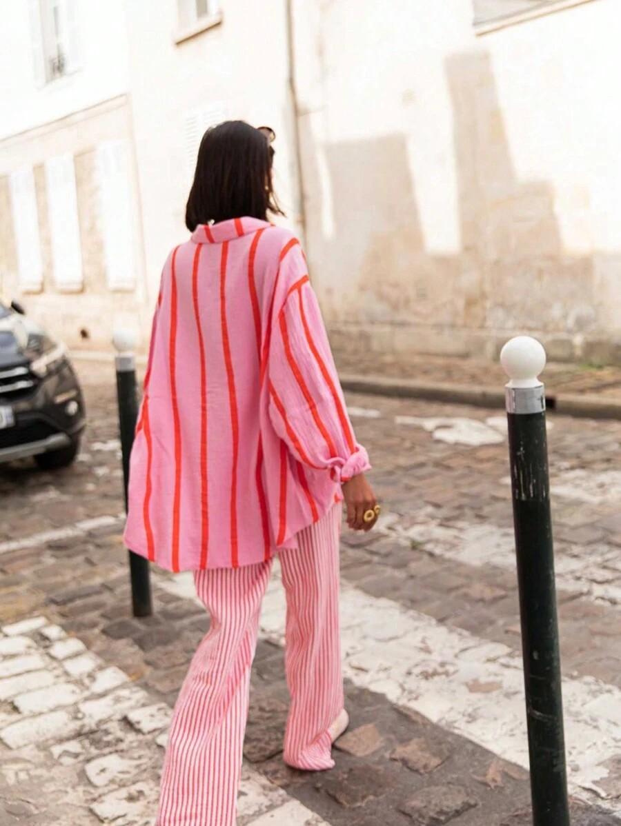 2026 European and American autumn and winter new long-sleeved button-up cardigan women's striped shirt women's vintage striped
