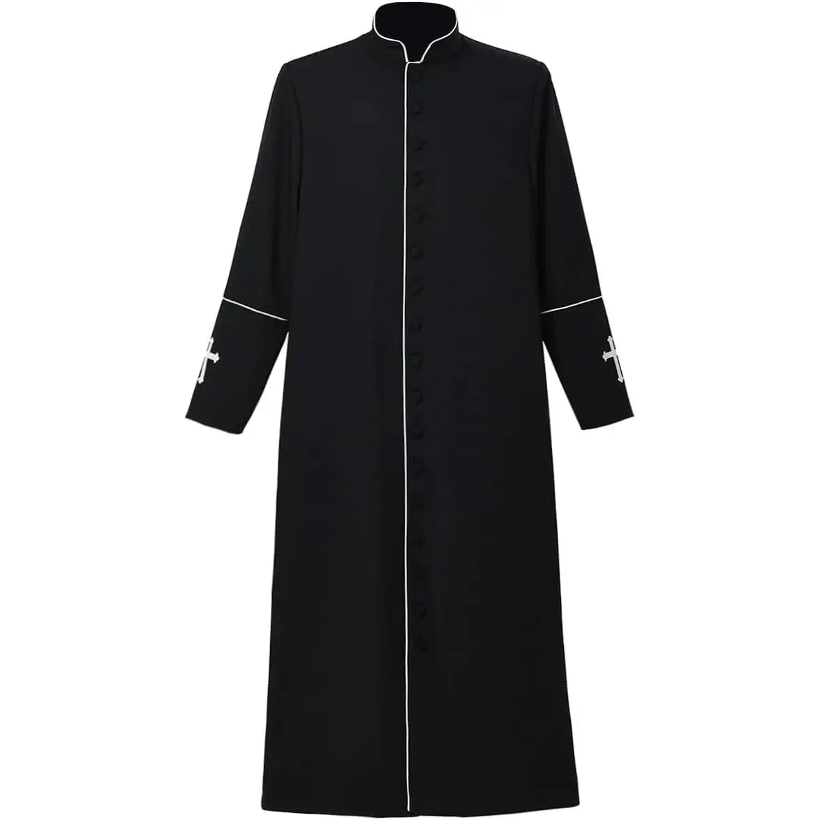 Menswear Clergy Cassock Robe, Thick Polyester Blend Vestment with Stand Collar and Cross Embroidery for Pastors and School Events, Uniforms, Long Sleeve, Uniform, Back To School