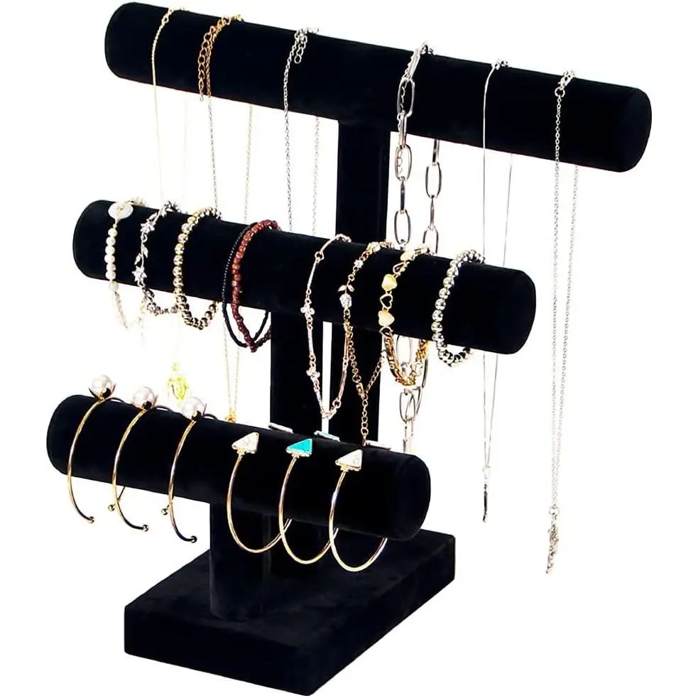 3 Tier Black T-Bar Jewelry Display Stand Bracelet Organizer Holder for Necklace Bangle Scrunchie WatchGift