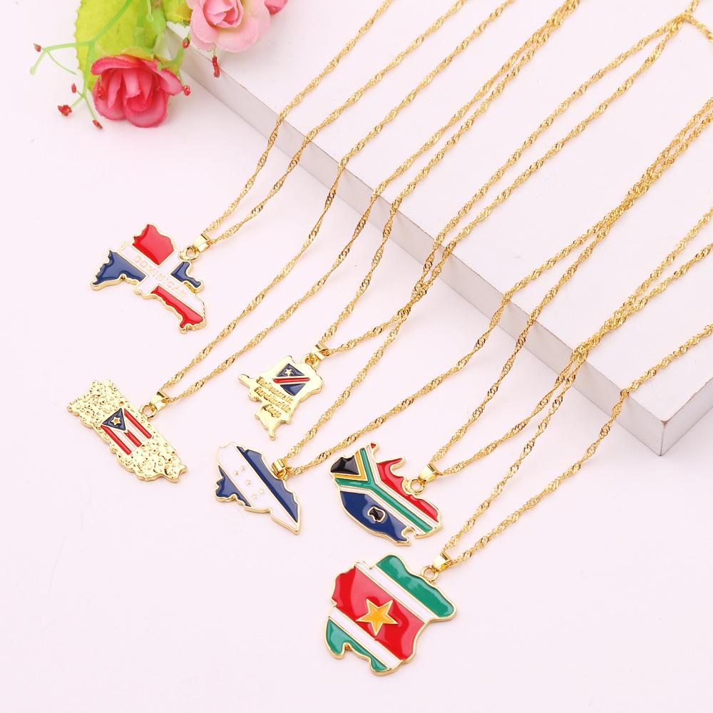 World Country Map Flag Pendant Necklace Gold Plated Alloy Charm Necklaces National Pride Jewelry for Men Women