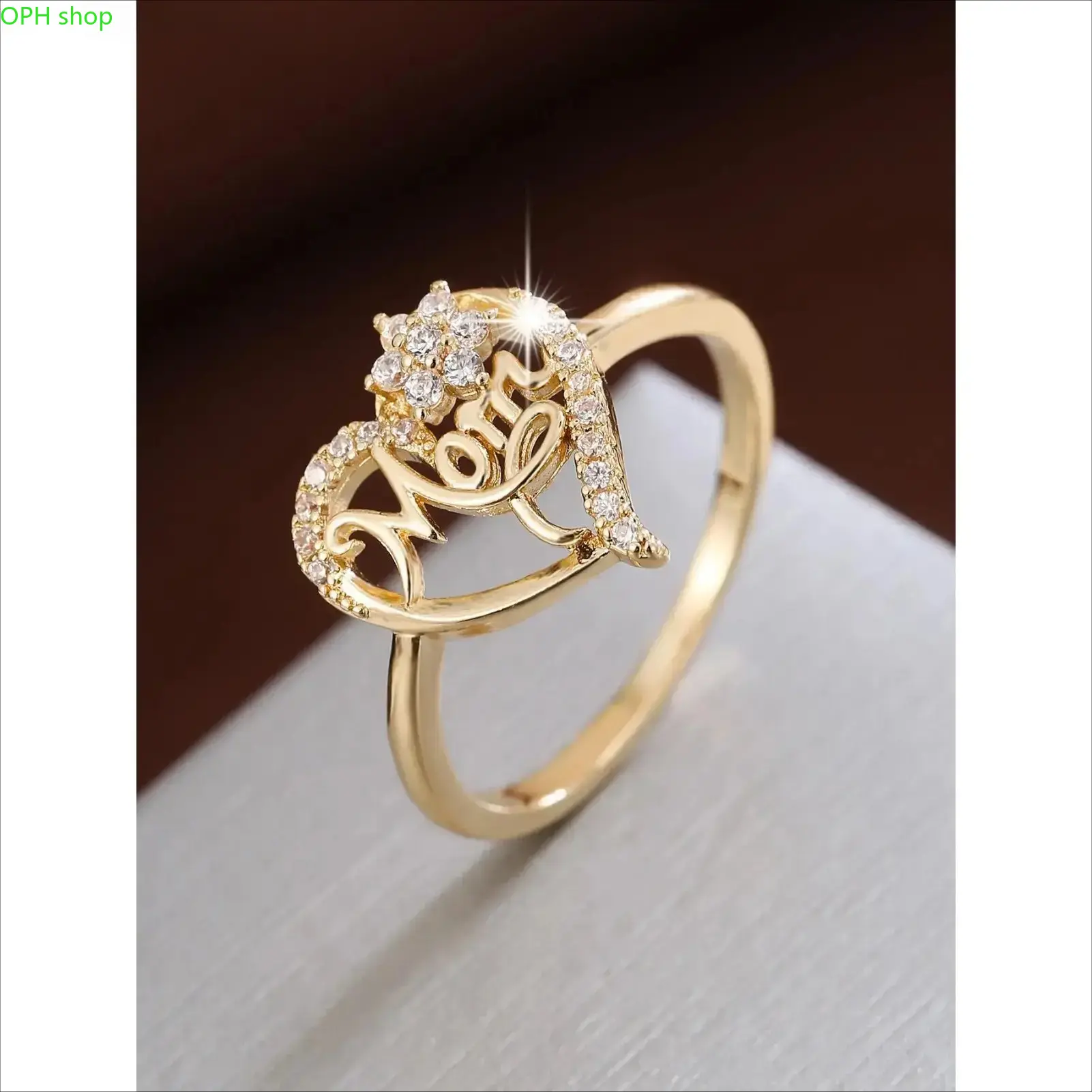 Women's Rhinestone Letter Heart Signet Ring, Sparkling Princess-Style Elegant Costume Jewelry for Daily, Party Wear