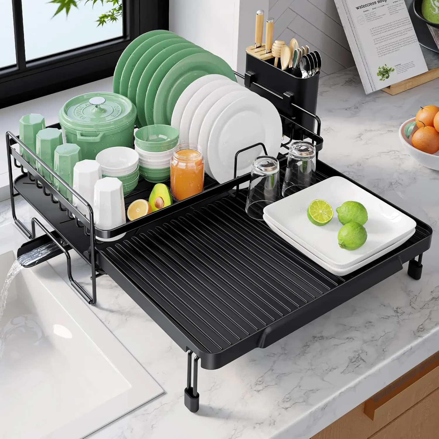 Extendable Dish Drying Rack - Adjustable Length 12.8"–21.0", Auto-Draining Dish Rack for Kitchen Counter, Rust-Resistant Metal Frame Over-Sink Support for Plates, Bowls & Utensils, Black