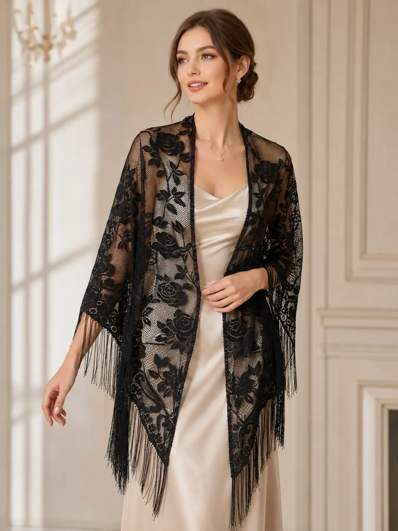 Elegant Lace Fringe Shawl, Perfect Outerwear for Evening Gowns, Stylish Accessory for Formal Events, Enhance Your Look with Grace