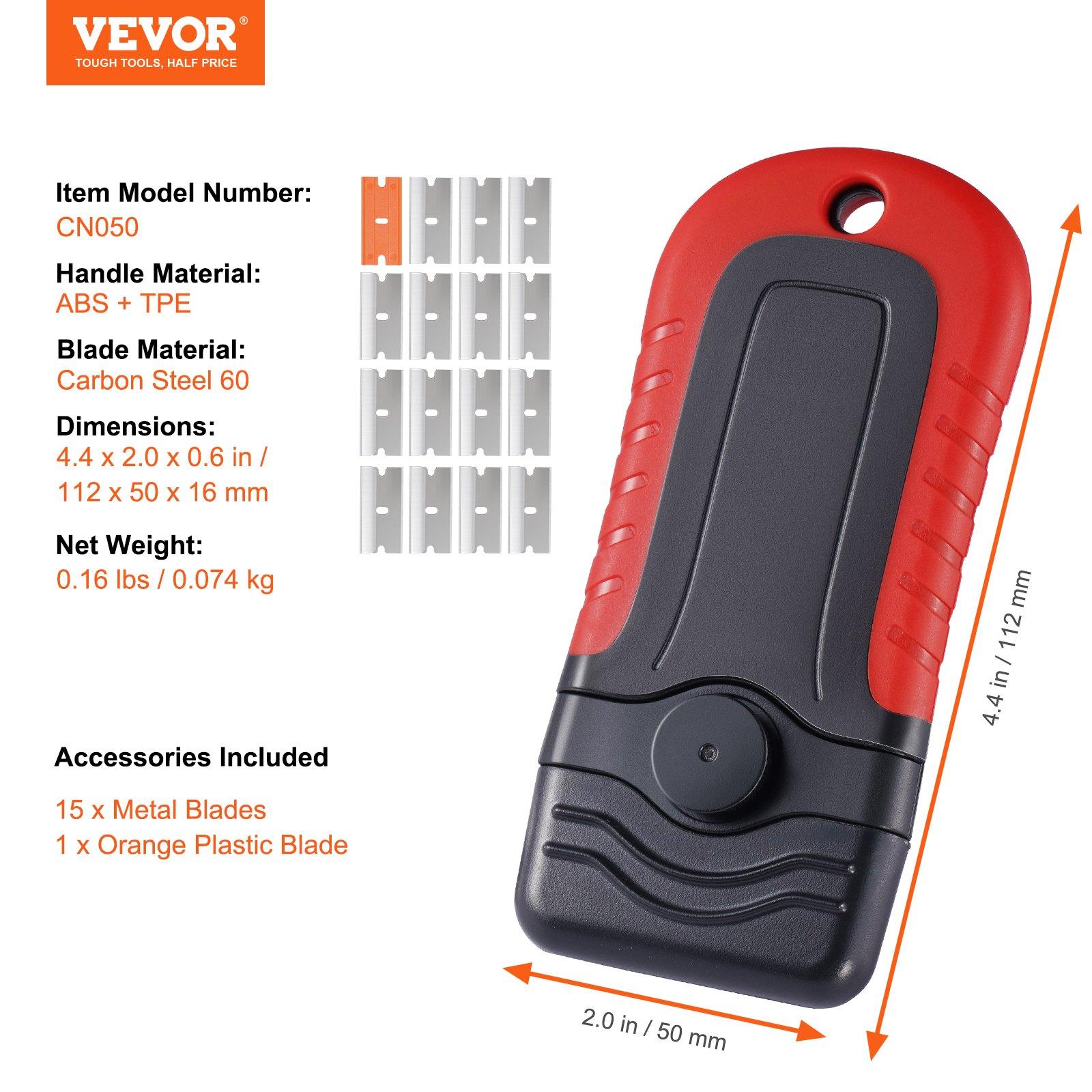 VEVOR Razor Blade Scraper, 15 Extra Blades, Locking Scraper Tool with Security Cap, Carbon Steel and POM Blades, for Cleaning Labels, Stickers, Decals, Paint from Glass Window Stovetop Cooktop Oven