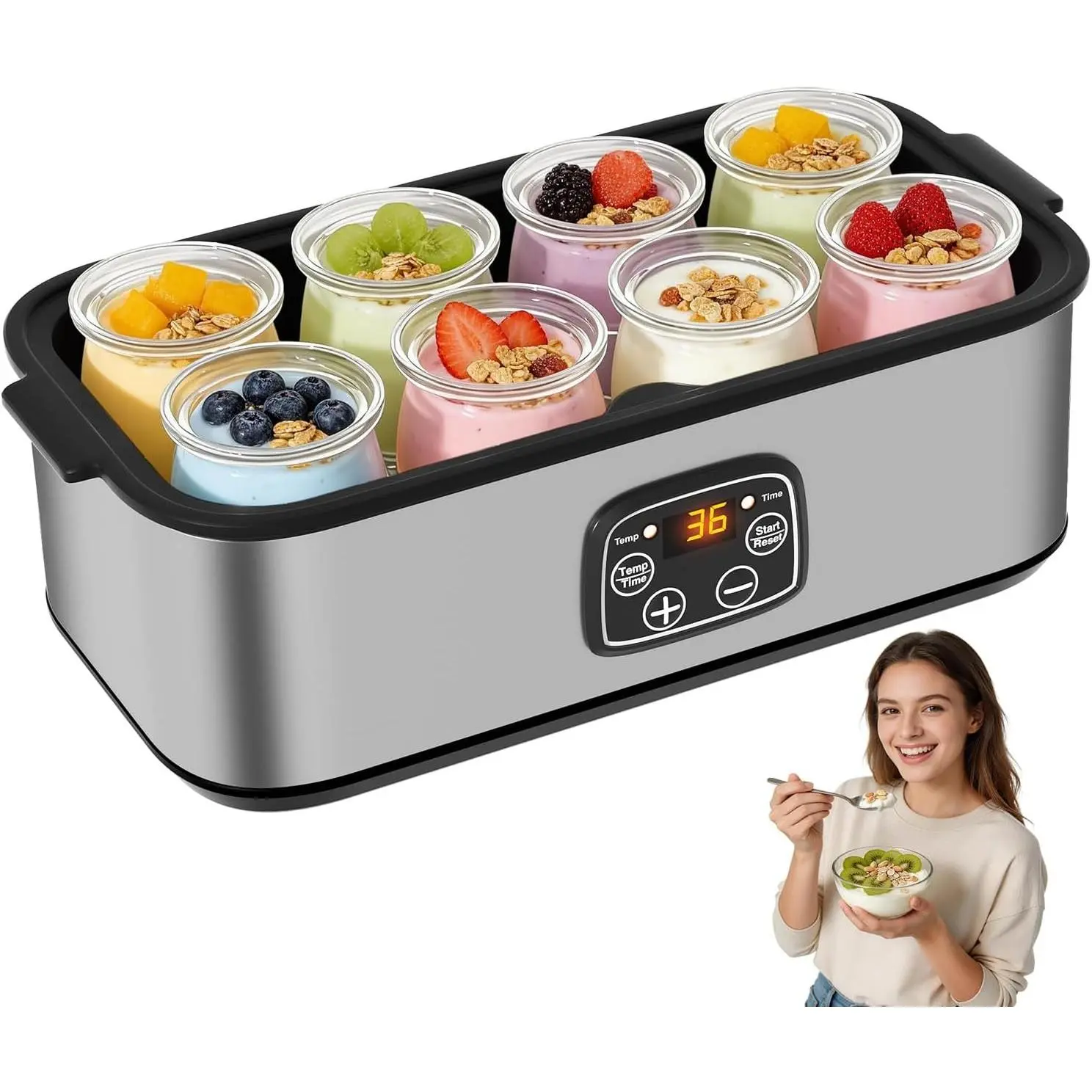 Yogurt Maker Machine with Adjustable Time and Temp Control, Automatic Shut-Off & Constant Temper for Homemade Probiotic Greek Yogurt, BPA-Free Black Grey 48 oz/8 Jars
