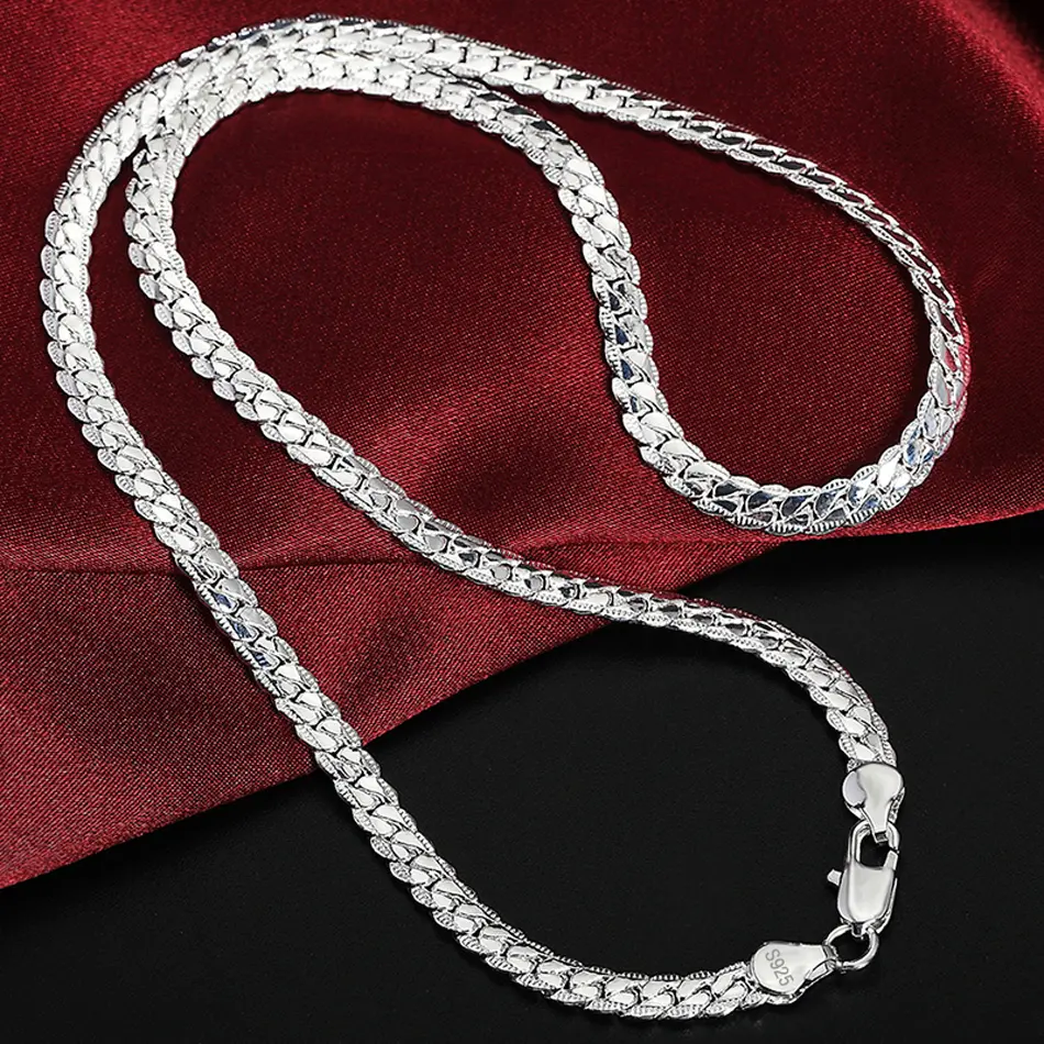 925 Sterling Silver Necklace, Elegant 6mm Unisex Side Chain Design for Weddings, Available in 8-24 Inches, 8/18/20/22/24 Inch, Engagement, Side Chain Necklace