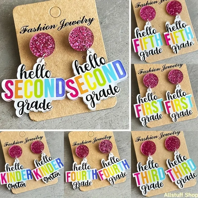 Colorful Acrylic Letter Pendant Earrings with Grade Design - Nickel-Free Alloy Posts, Ideal for Teacher's Day, Back to School Celebrations, Graduation, Sparkling, Hypoallergenic, Unisex