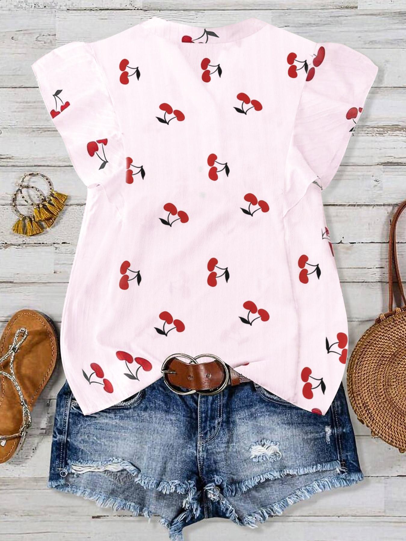 【Plus Size】 Cherry Print Blouse, Casual Short Sleeve Top for Summer, Women's Plus Clothing for Daily Wear
