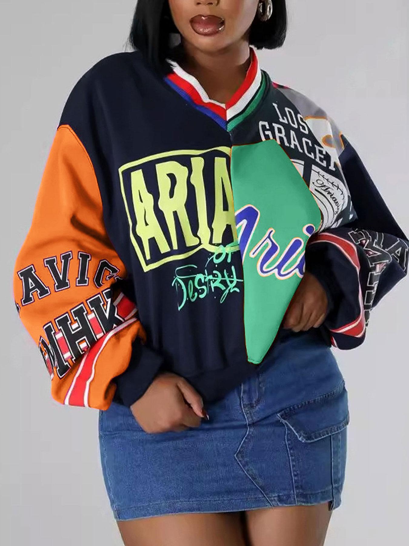 Women's Colorblock Letter Print Drop Shoulder Pullover, Fashion Casual V Neck Long Sleeve Sweatshirt for Daily Outdoor Wear, Women Fall & Winter Clothes, Womenswear