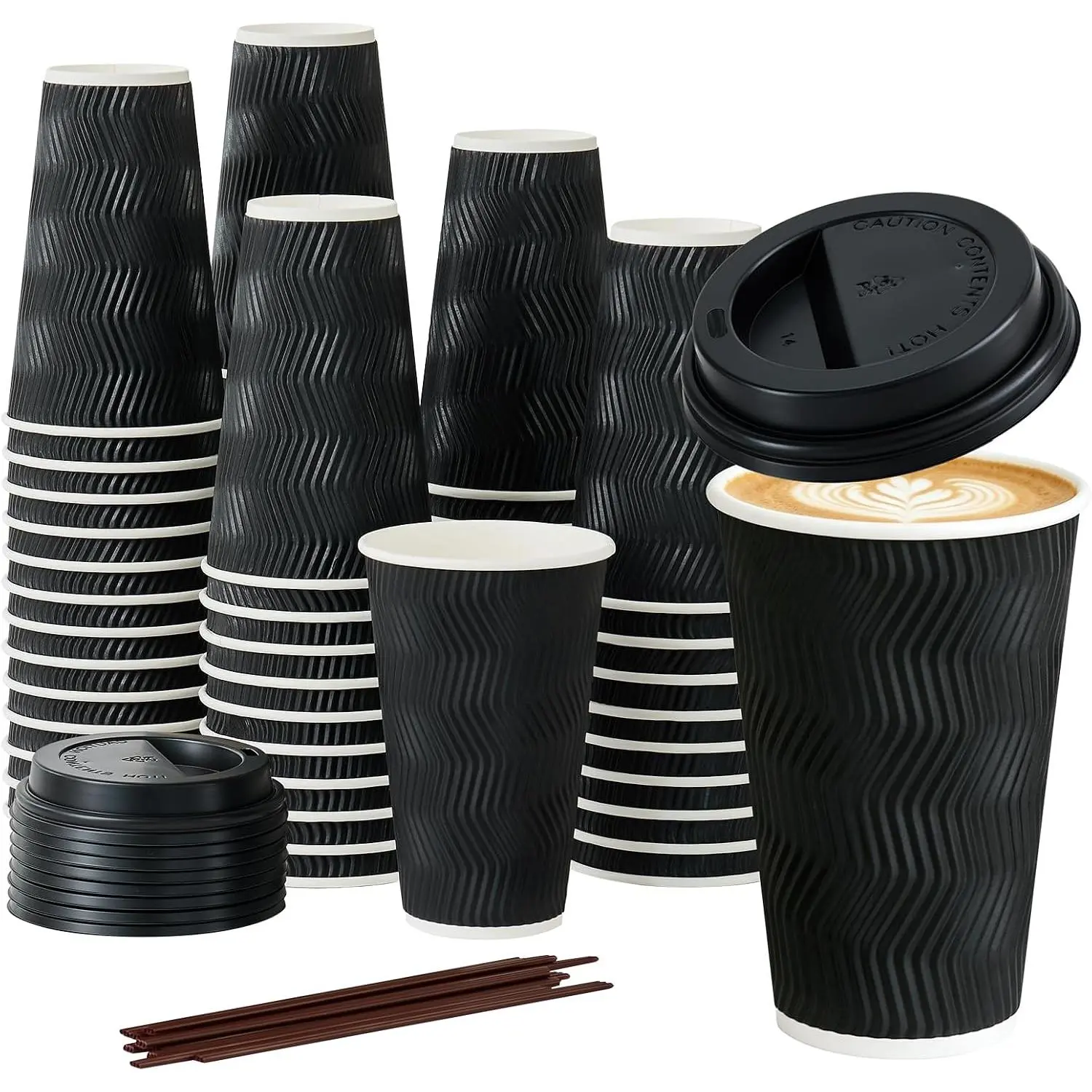 50 Pack 16 oz Coffee Cups | Black Insulated Disposable Coffee Cups with  and Straws, Leakproof Takeaway Cups for Office Coffee Bar Corrugated  Cup Double Wall Hot Drinks