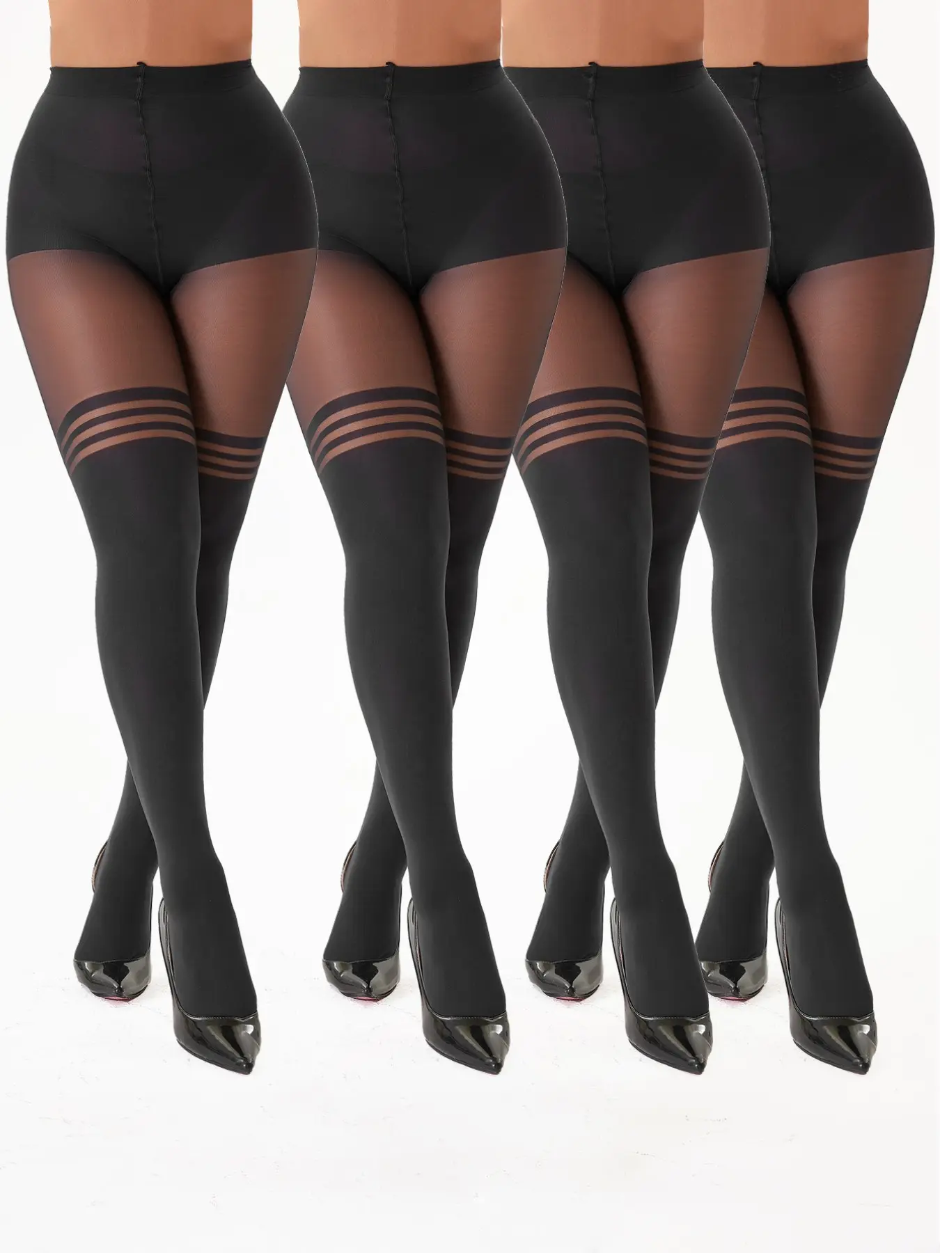 4 Pairs Women's Fake Thigh High Stockings, Over-The-Knee Control Top, Gothic Style Tight Fit, Simulation Garter Design