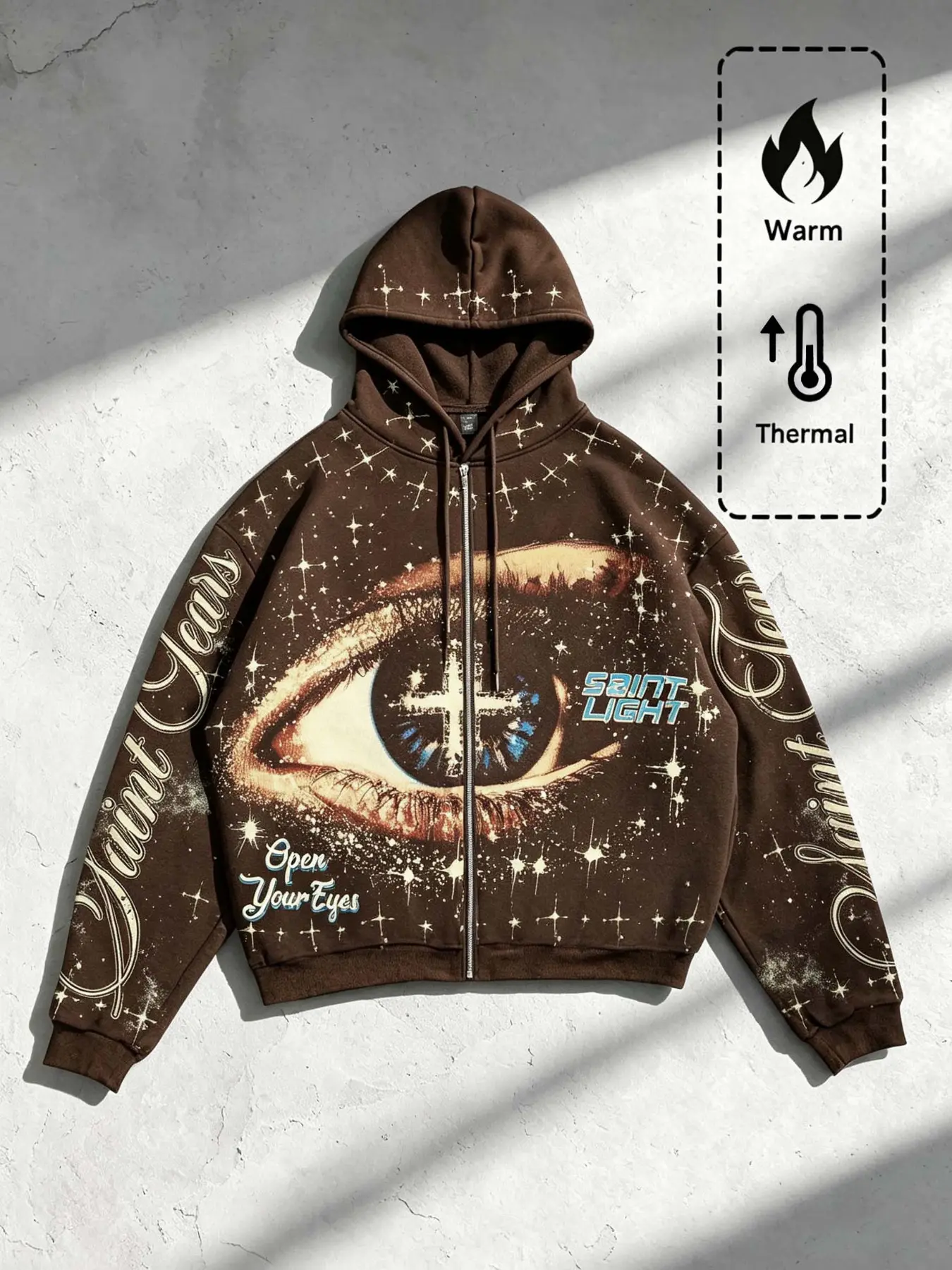 Men's Vintage Starry Night Cross Print Zip-Up Hoodie, Loose-Fit Long Sleeve Streetwear Street Style, Casual Print Hoodie, Fall & Winter Warm Fleece Lined