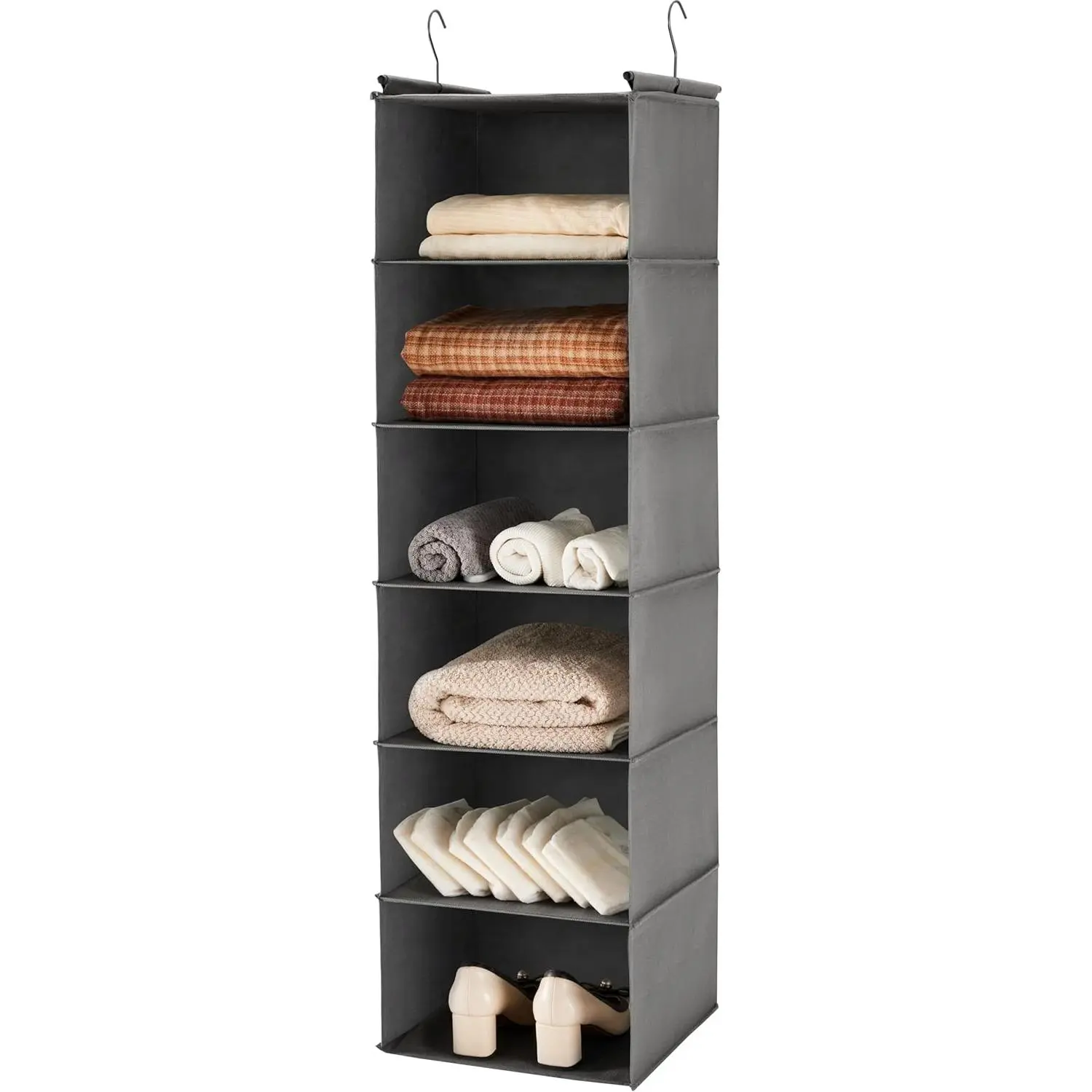 6-Tier Synthetic Closet Storage Rack Organizer with 2 Sturdy Compact Foldable Hooks (Grey)