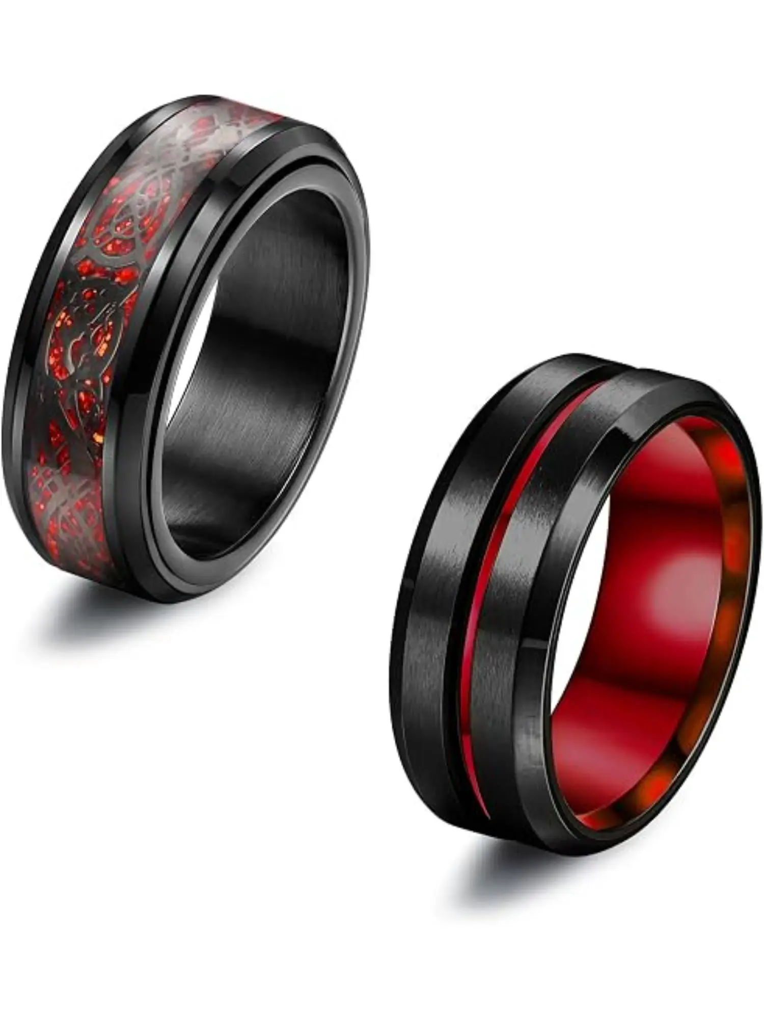 Black Spinner Rings for Men, Beautiful Rings, Stainless Steel Chain Fidget Anxiety Ring, Celtic Dragon Design in Red & Blue, Stress Relief Rotating Ring, Size 7-13, Daily Wear & Calming Gift