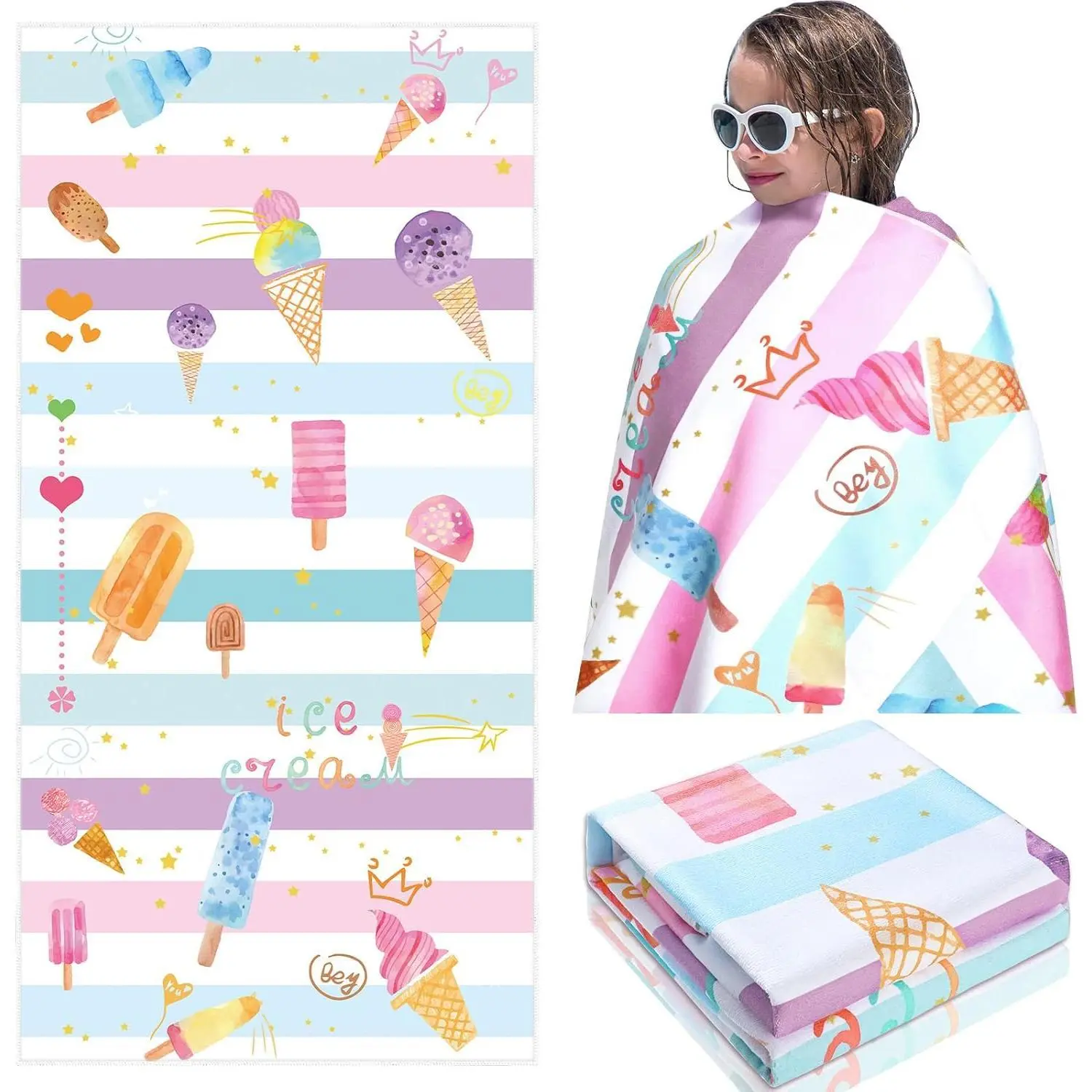 Girls' Watercolor Ice Cream Pattern Beach Towel - 30x60in Large Size Microfiber Blend (80% Polyester, 20% Cotton), Quick-Dry Waterproof Sand-Resistant Swim Towel, Travel Bath Blanket, Birthday Party Gift