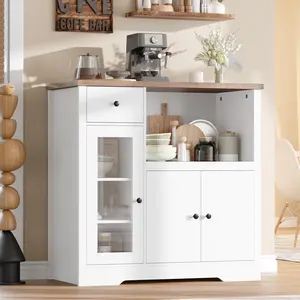 Modern Microwave Cabinet for Dining Rooms – Glass Doors, Spacious Drawer, Adjustable Shelves – Versatile Buffet Sideboard & Coffee Bar Storage, Ideal for Kitchen Organization