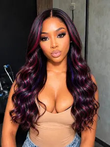 26 Inch Black with Red Purple and Pink  Wavy Hair 4x1 Lace Front Wig Heat Resistant Synthetic Wig Glueless Soft & Lightweight