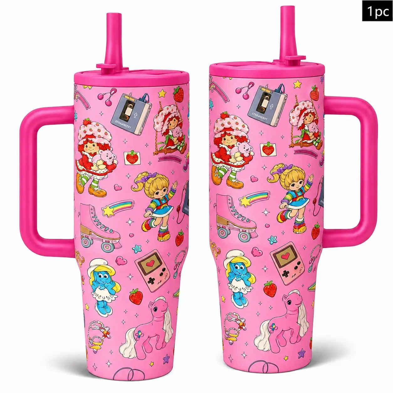 1PC 40oz Pink Retro Cartoon Girl Strawberry Pony Roller Skate Pattern Insulated Tumbler with Handle & Straw, Double Wall Vacuum Leak-Proof Travel Mug, Hot 12H Cold 24H, Large Capacity Cup for Men Women Teens, Birthday Christmas Gift