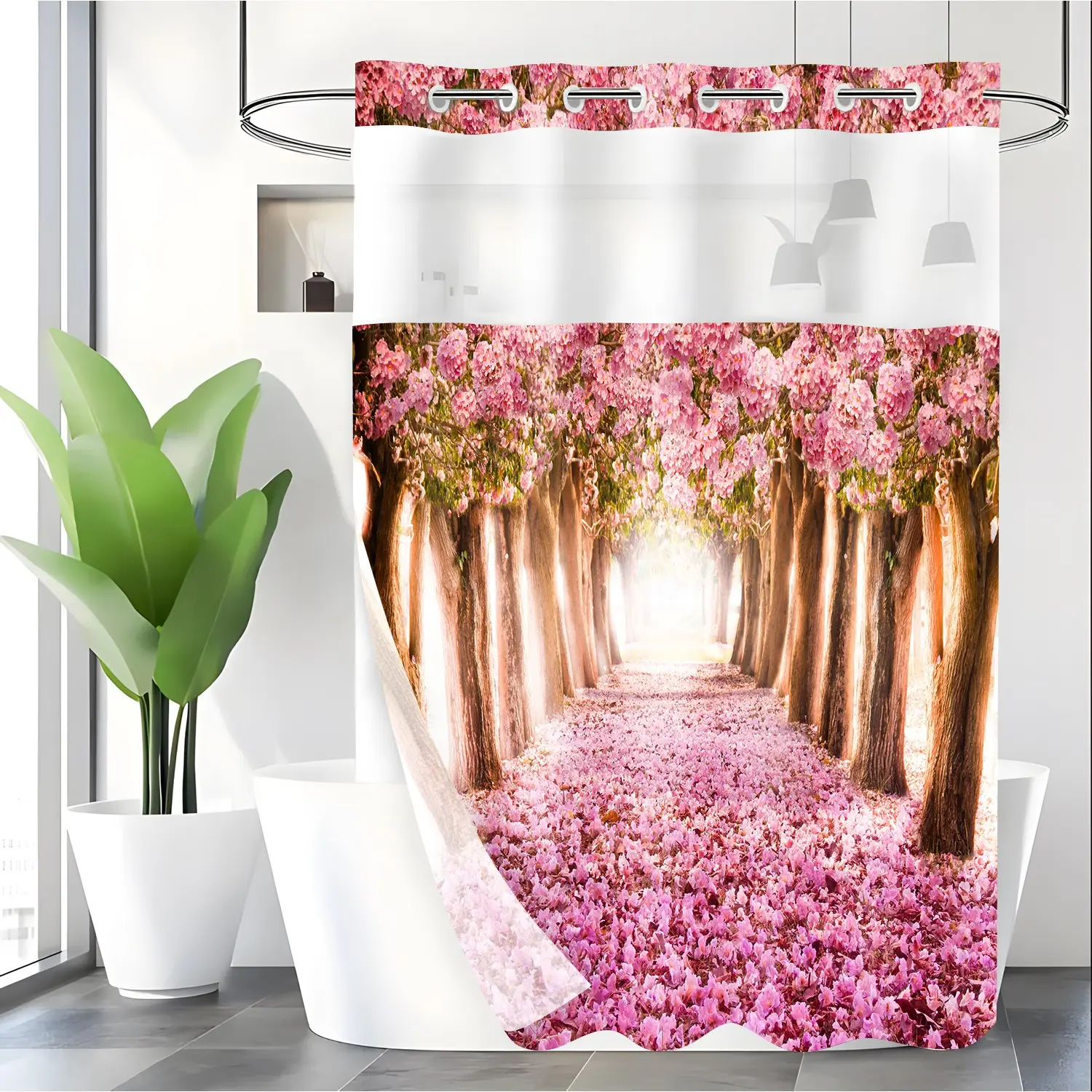 LVRLVR hookless shower curtain with snap lining, removable lining, easy to install and machine washable, pink floral bathroom decoration curtain, suitable for hotel, home, 70.8*74 inches
