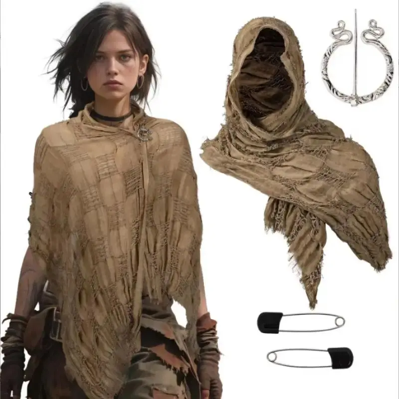 Vintage Beggar Style Hooded Shawl, Breathable Cotton Linen, Multi-Season Wearable Scarf with Clasps, Ideal for Medieval Cosplay & Casual Use