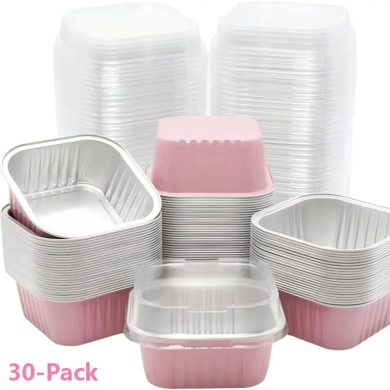 30-Pack Square Mini Aluminum Foil Cake Pans, 5oz/150ML, Baking Dish With Lid, with Plastic Lids, Individual Baking Cups, Sweet Treat Containers, Kitchen Bakeware