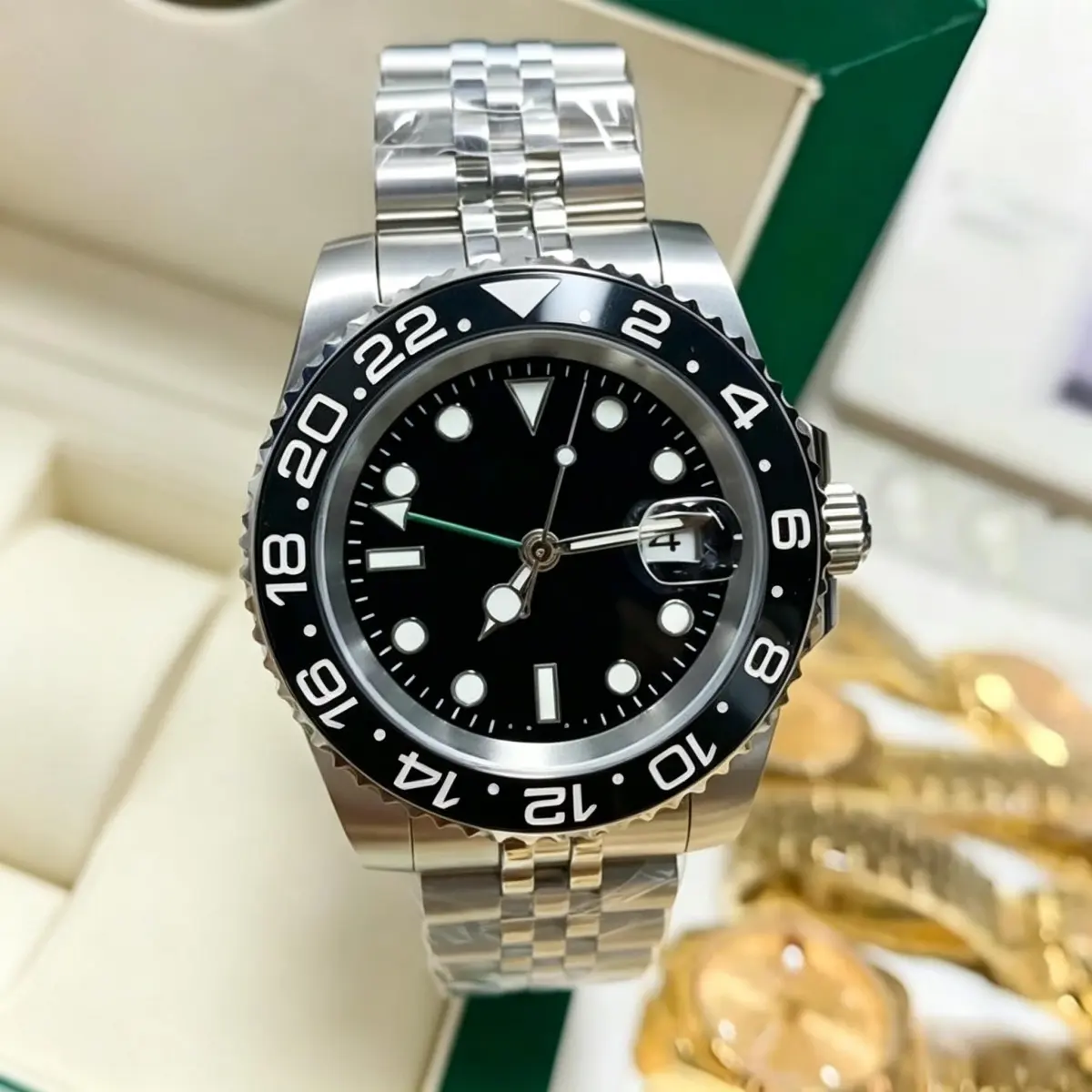 Men's GMT Automatic Sports Watch with Black Ceramic Bezel & Jubilee Bracelet, Dual Time Zone Sapphire Crystal for Business Travel, Automatic Watches, Stainless Steel, Male, Rotating Bezel, Analog Wristwatch, Casual Business Wristwatch, Automatic Movement
