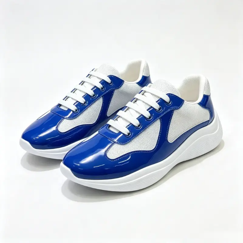 Men Blue White TwoTone Patent Leather Mesh LaceUp Sneakers, Contrast Panel Lightweight Thick Sole Athletic Trainers, Breathable Casual Walking Daily Outdoor Footwear