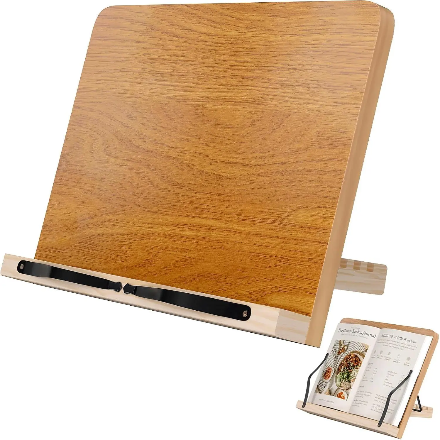 Pine Wood Multi-Use Book Stand - 8 Adjustable Height Holder Tray with Elastic Page Clips, Hands-Free Desktop Document Mount for Textbooks, Cookbooks, Tablet, Lightweight Office Desk Organizer