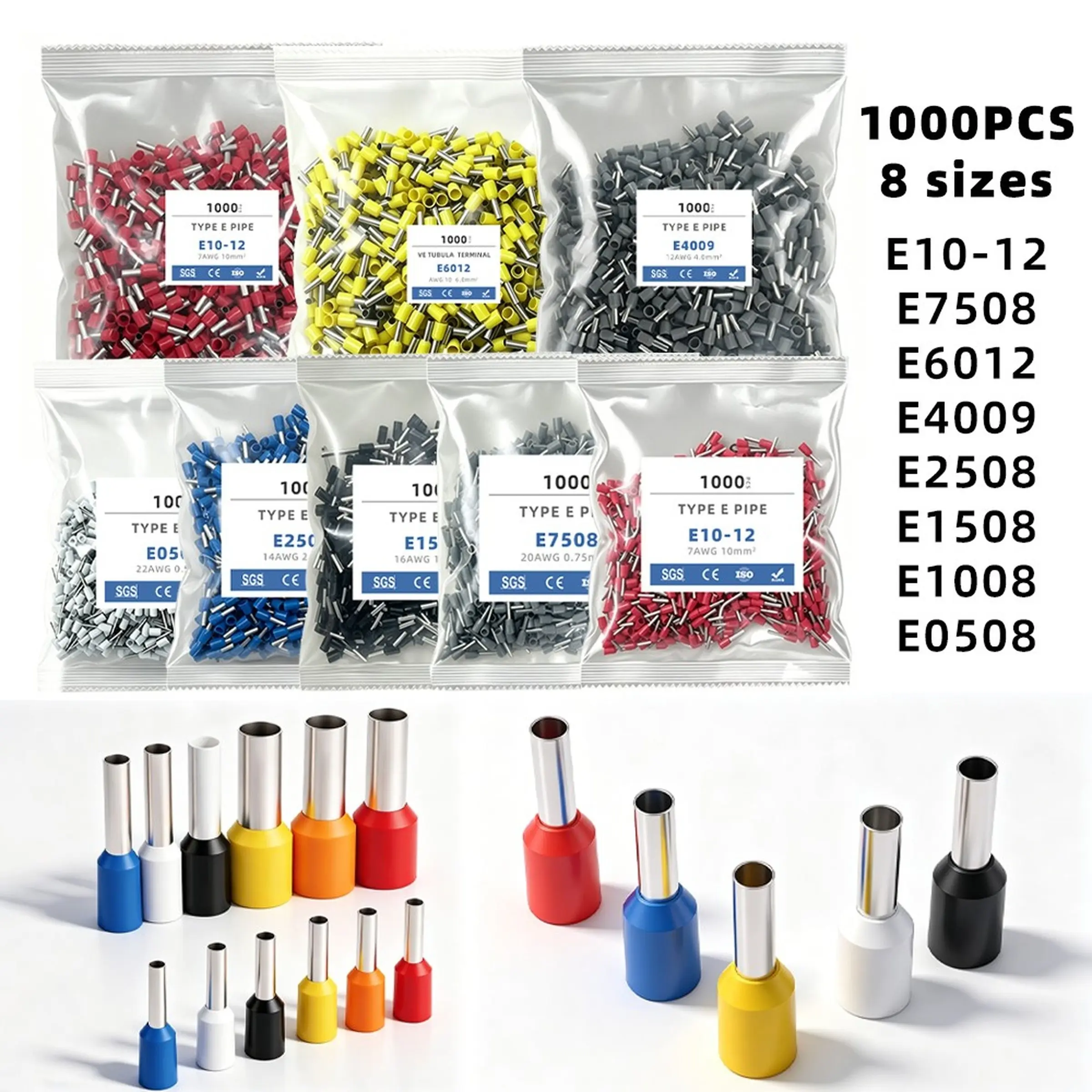 1000PCS Wire Ferrules Kit | 8 Sizes Insulated Ferrule Terminals E0508-E1012 | Electrical Wire Crimp Connectors for AWG Wires, Control Cabinets & DIY Wiring