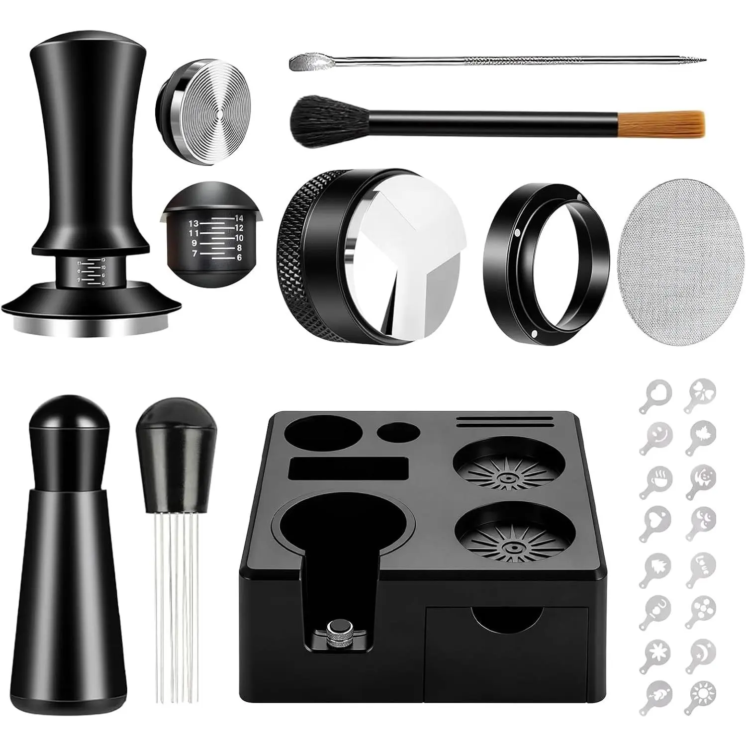 9 count 54mm Espresso Accessories Kit for Coffee WDT Tool Accessories Set with Tamper Square Espresso Tamping Station Distributor Dosing Funnel Stirrer Brush Puck Screen Latte Art Pen & Stencils -54mm