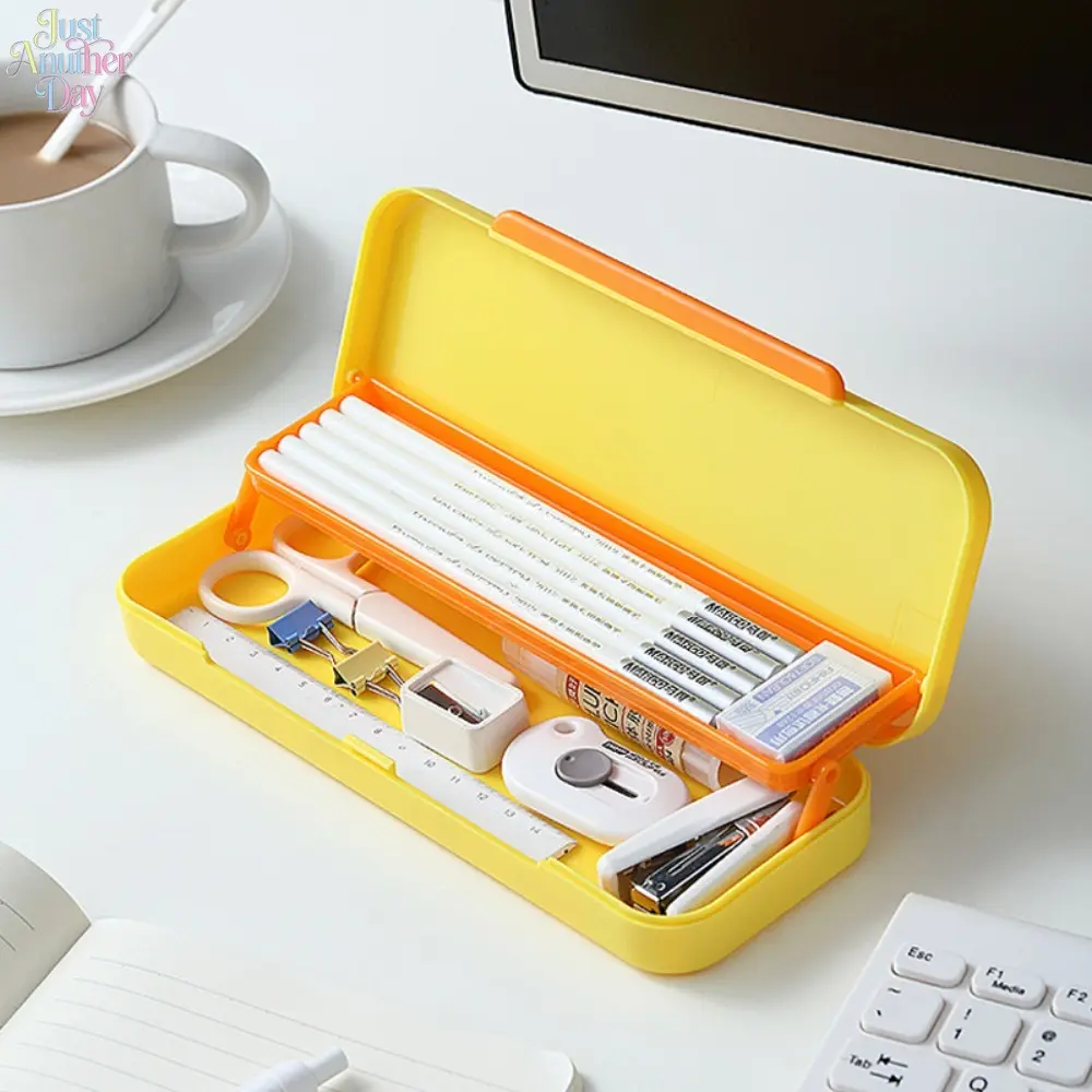 Double Layer Large Capacity Hard Pencil Case Multifunctional Kids Stationery Box Cute Color Block Pen Storage Organizer For Primary School Student Office Desktop School Supplies Gift
