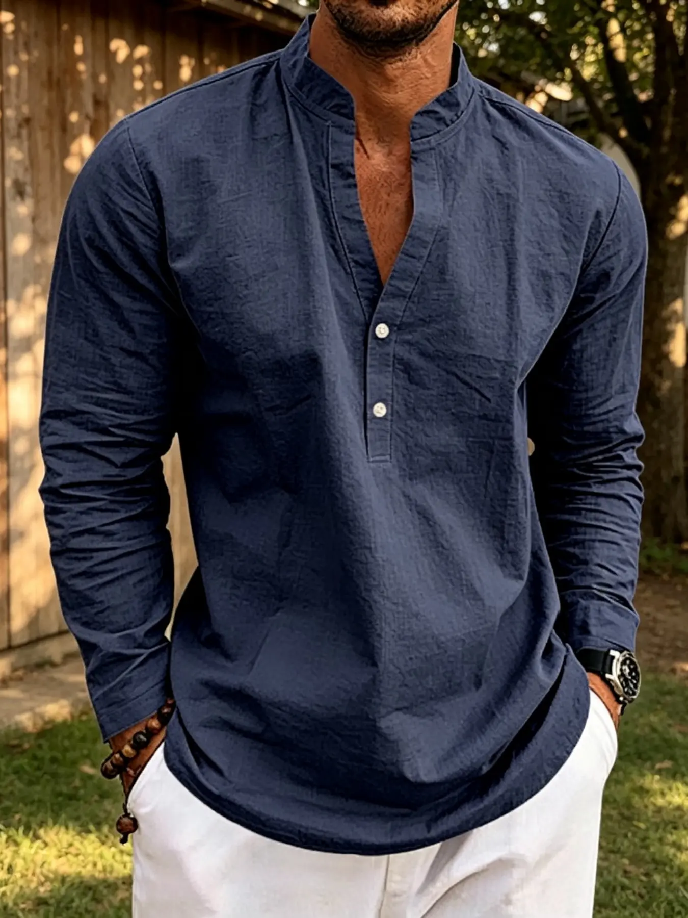 Men's Minimalist V Neck Henley Shirt, Loose-Fit Linen Long Sleeve Top, Breathable Solid Color, Spring & Fall Casual Wear, Breathable Fabric Menswear