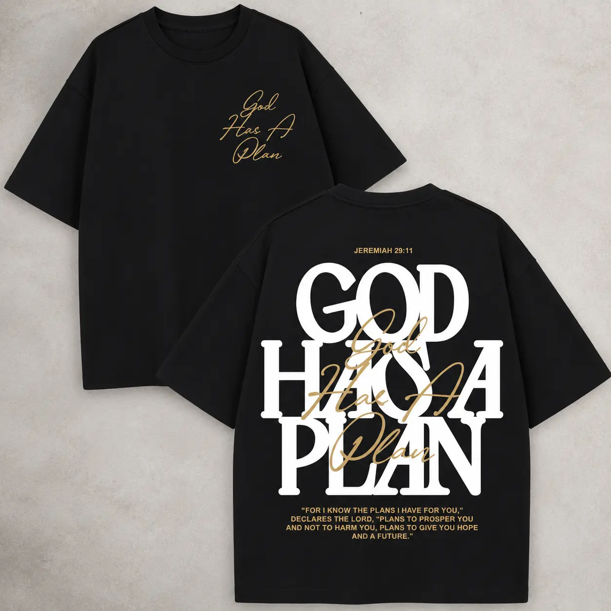 God Has A Plan Double-Sided Print Tee |   Unisex Wide Shoulder Christian Streetwear Cotton Casual T-Shirt