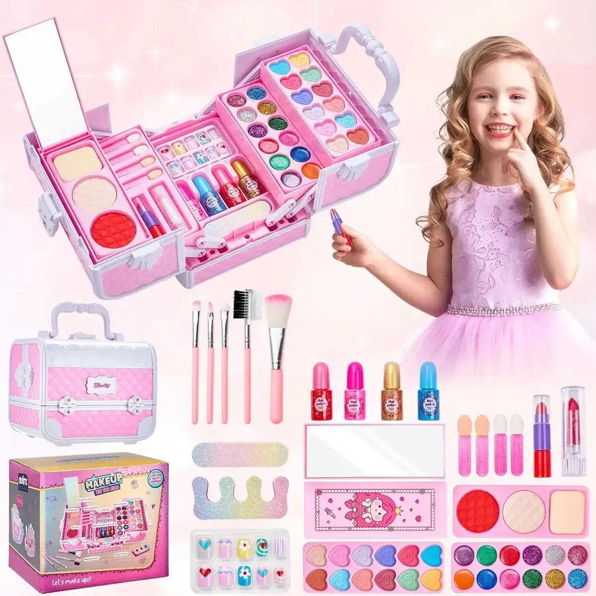 Girl Handbag Makeup Set, Pretend Play Playset, Role-Playing Toy, Easy to Clean, Includes Mirror/eyeshadow/lipstick/nail Art/rose Blush/makeup Brush, Suitable for Ages 3+