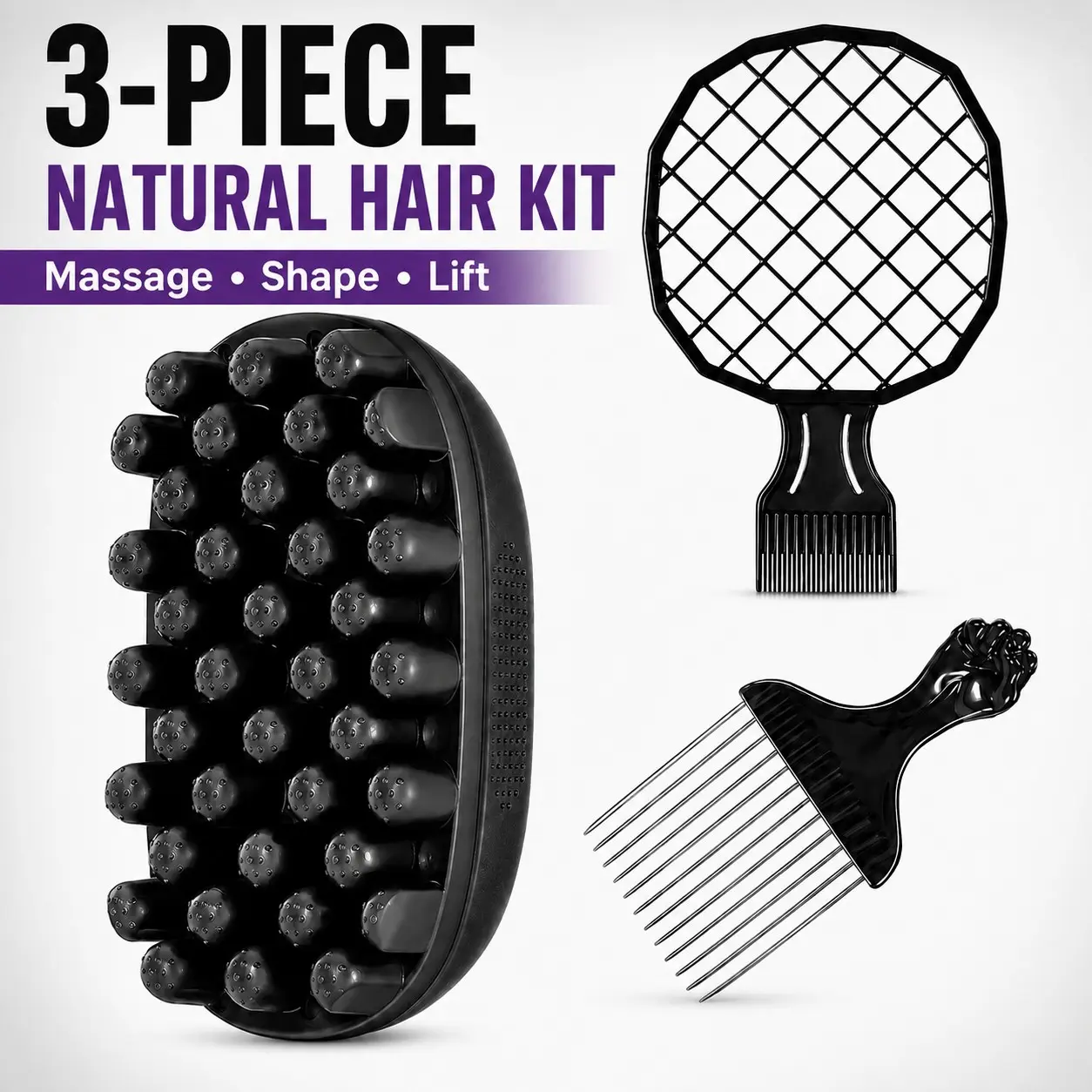 Men's 3-Piece Styling Tool Set: Includes a scalp massage brush, a checkered styling comb, and a hair-lifting comb. Suitable for naturally curly hair, it helps lift roots, add volume, and facilitate daily hair care.